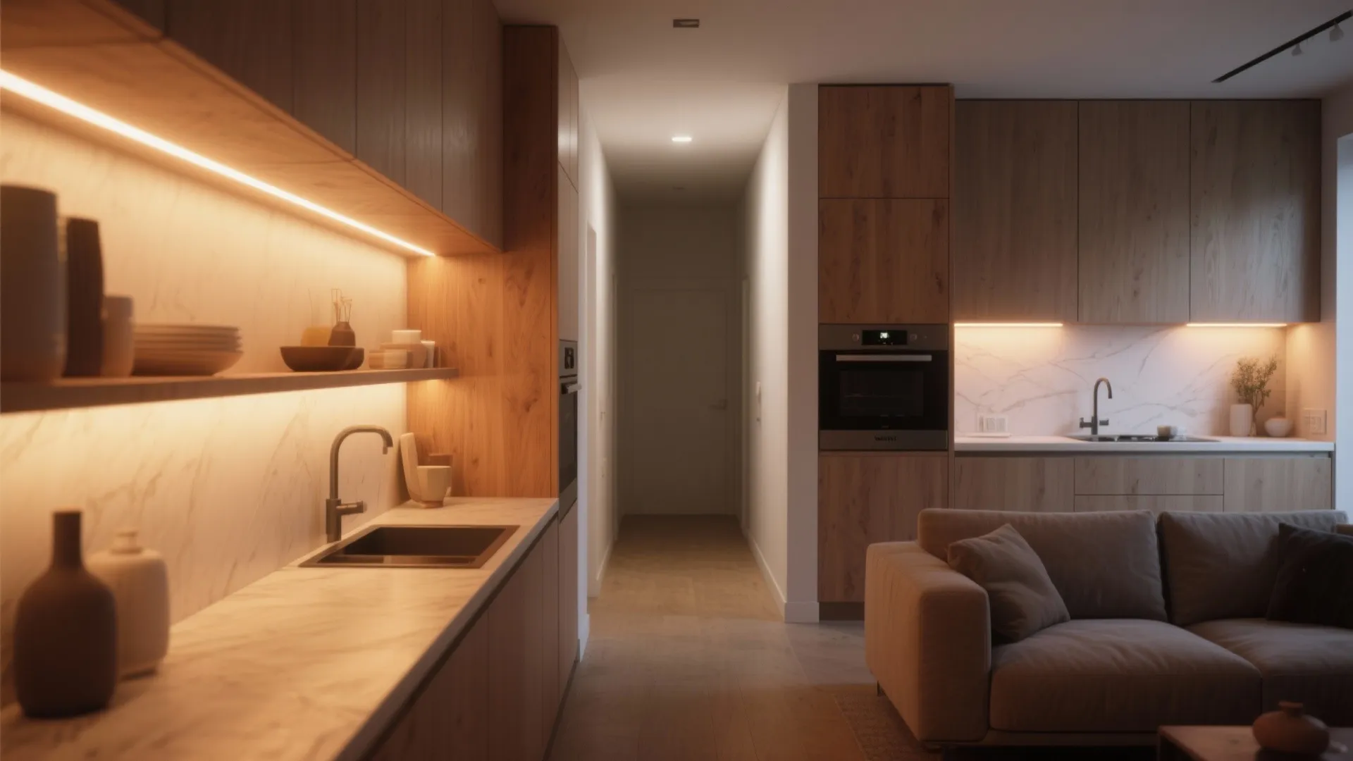 Narrow studio with warm LED strips under cabinets and behind shelving creating visual depth.