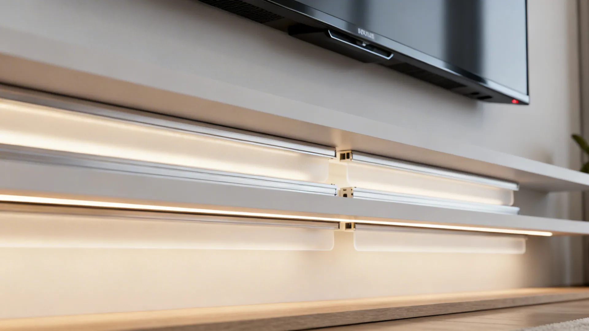 LED light strips installed under a white wall cabinet providing warm light below a flat television