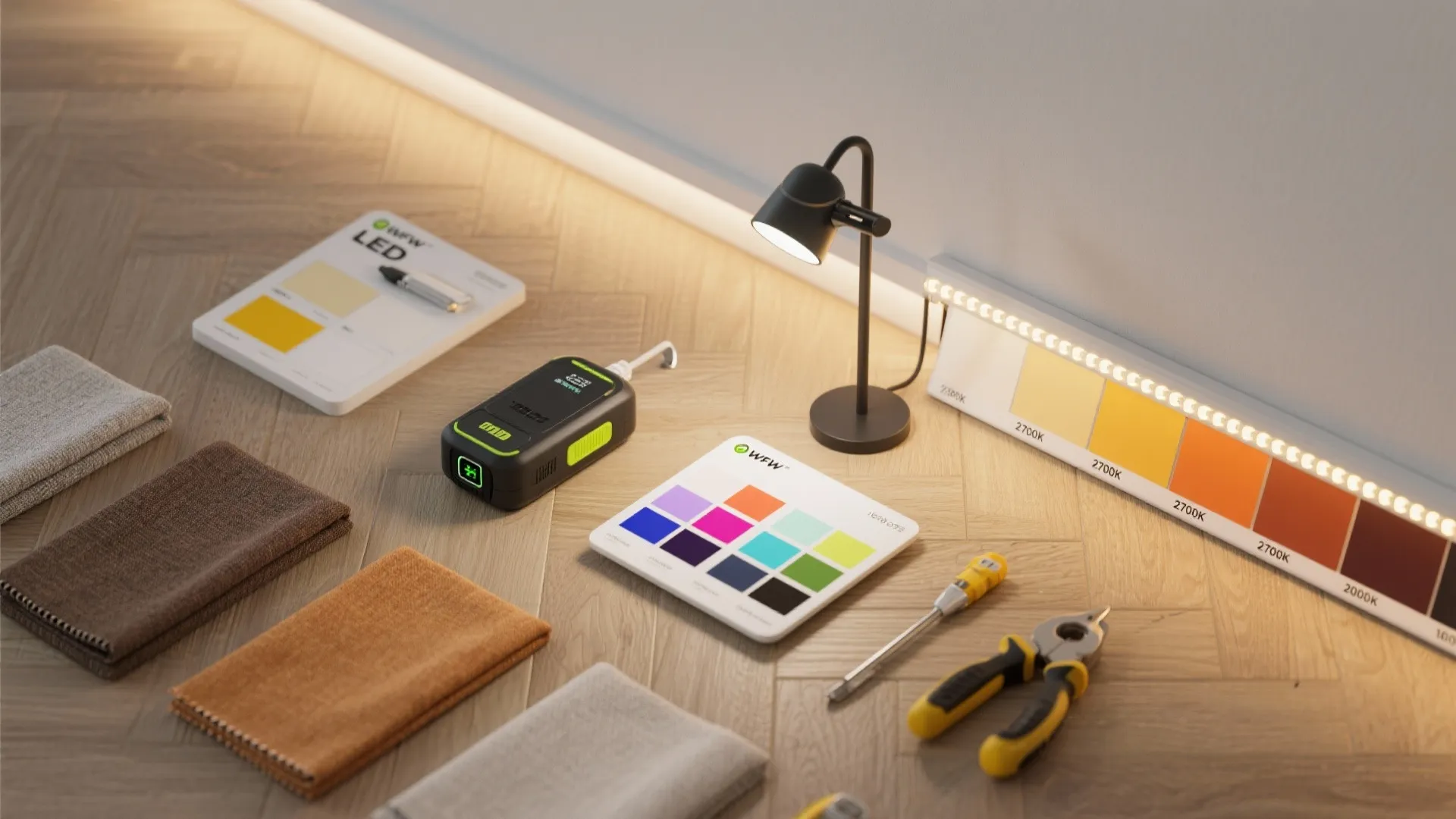 Interior design tools including light strips color swatches fabric samples and tools on wooden floor