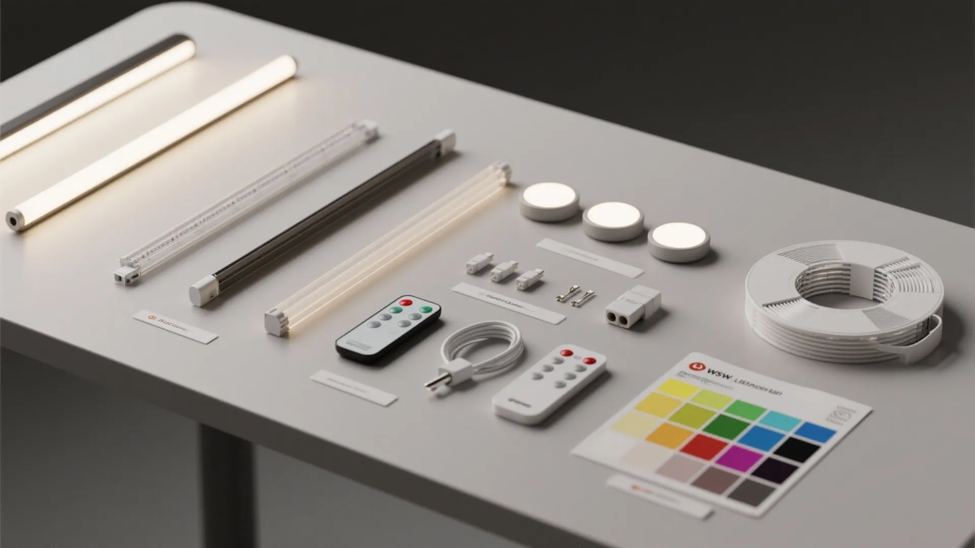 Collection of light fixture parts including LED bars round lights remotes cables and color chart