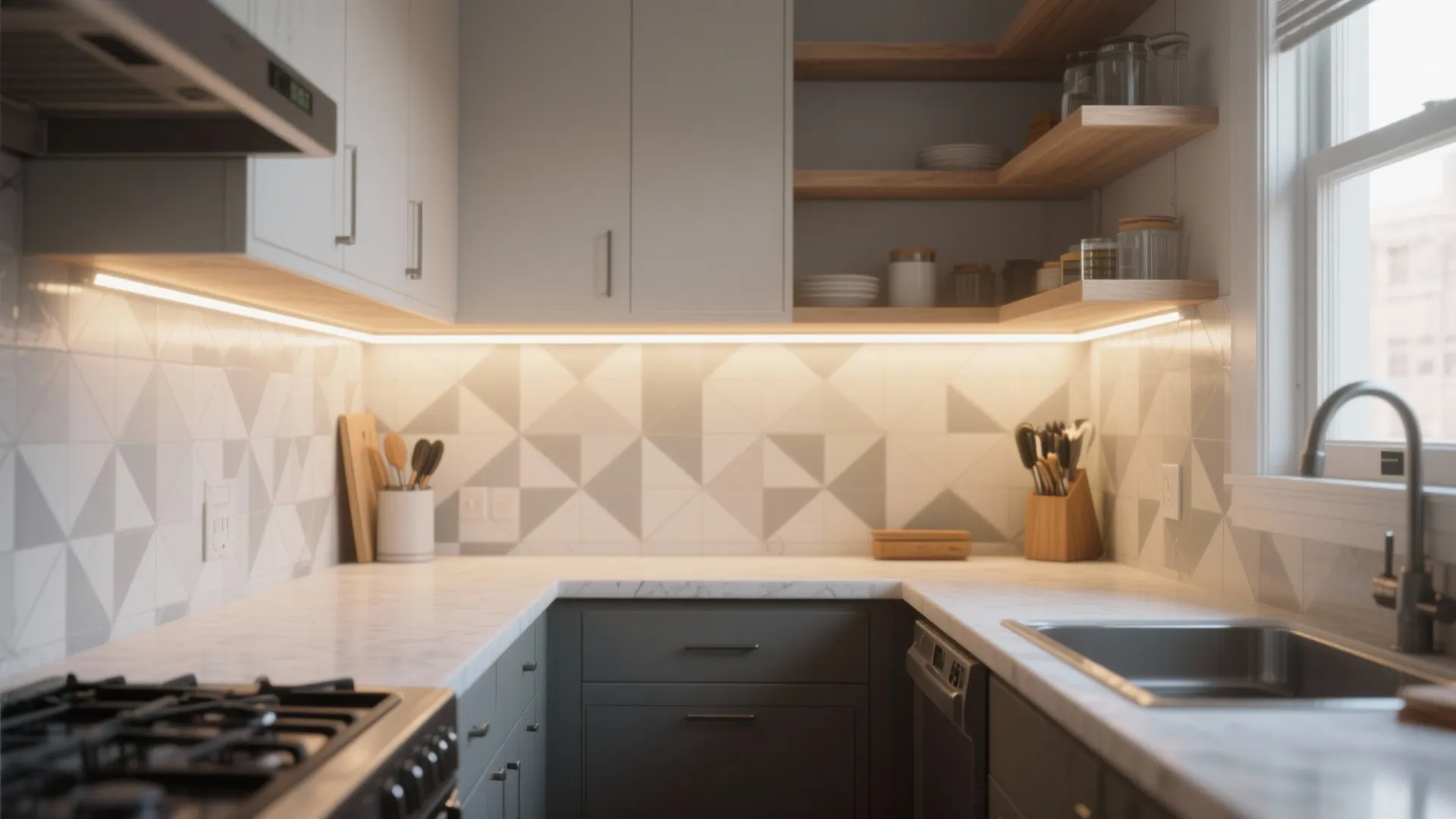 Under-Cab LED Strips + Matte Geometric Wallpaper