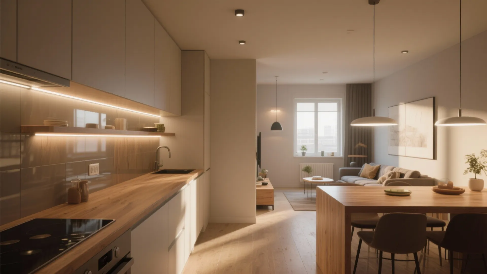 Modern kitchen with wood countertop under cabinet lighting and open view to the living room