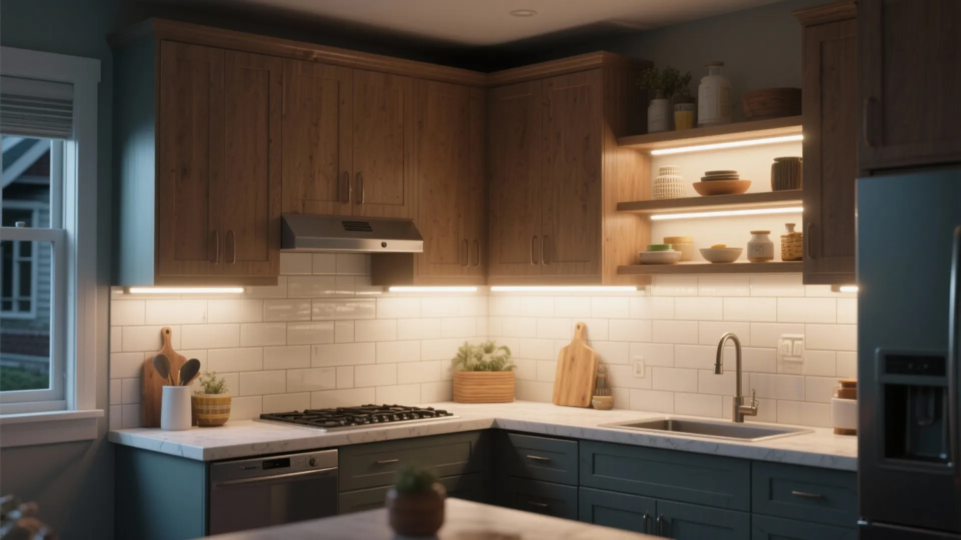 4. Layered LED strips on shelves and cabinets