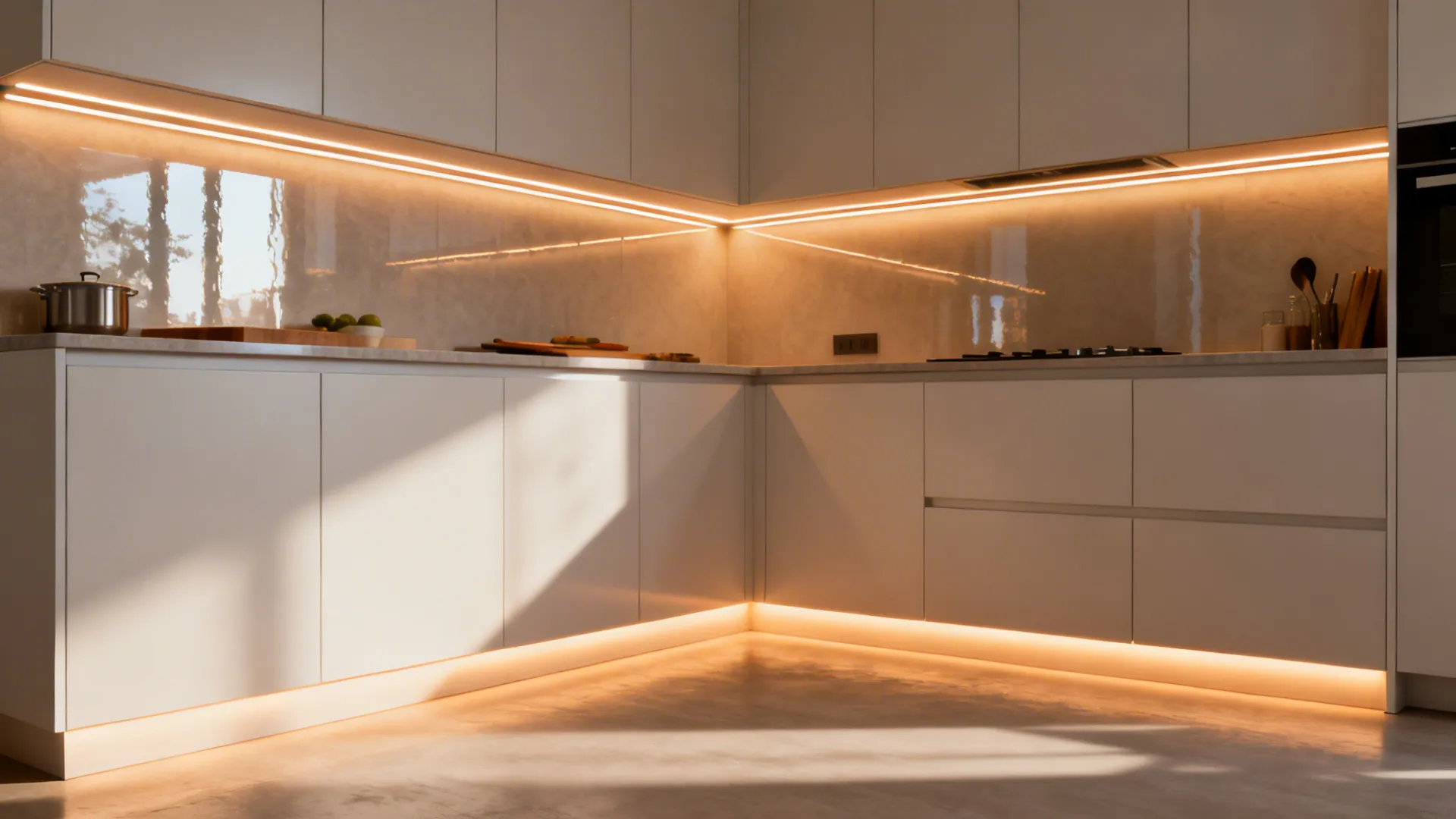 Kitchen scene with warm LED strips under cabinets and along baseboards brightening dark corners.