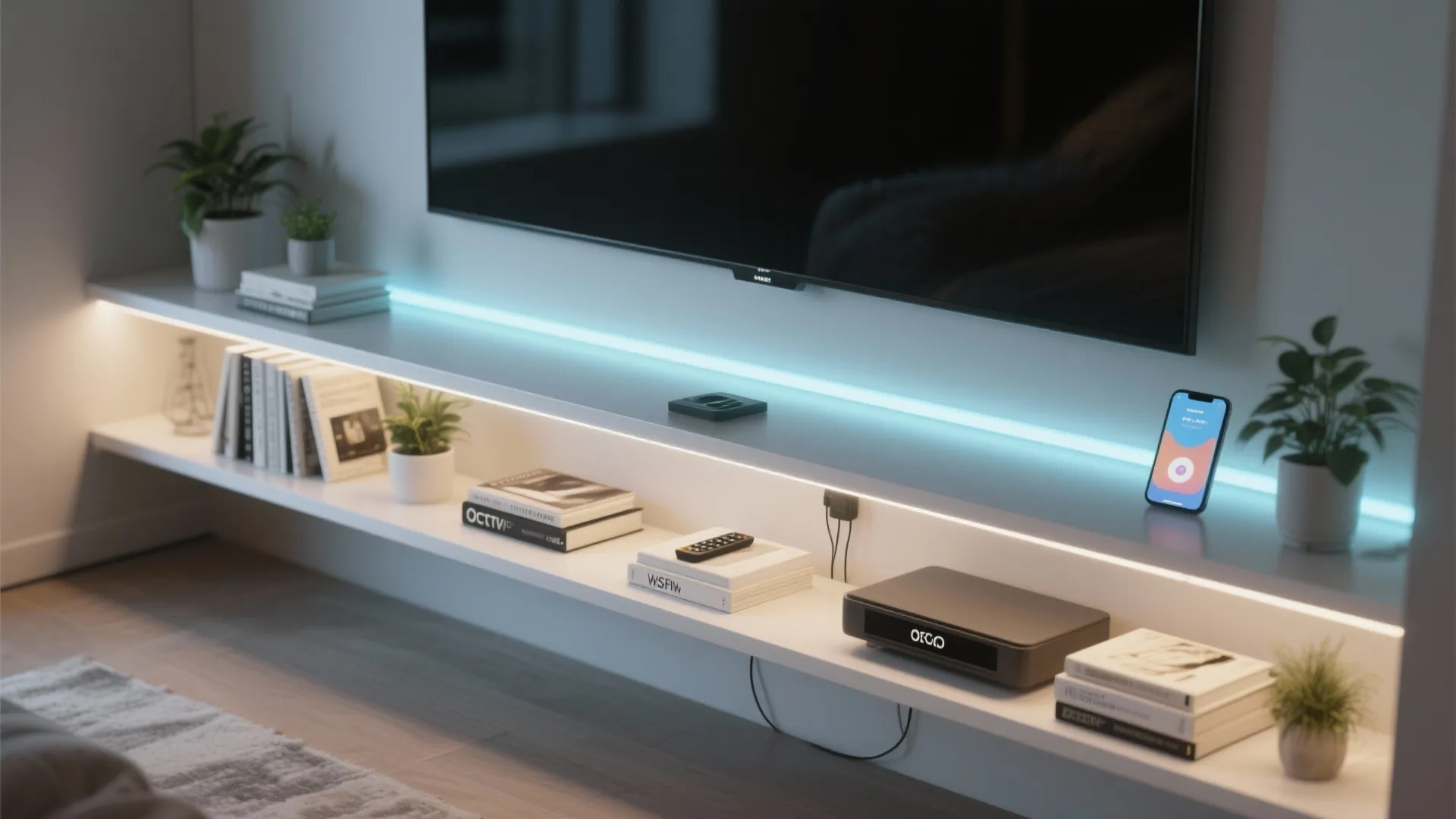 Modern white media shelf under television with blue and white light strips and small plants