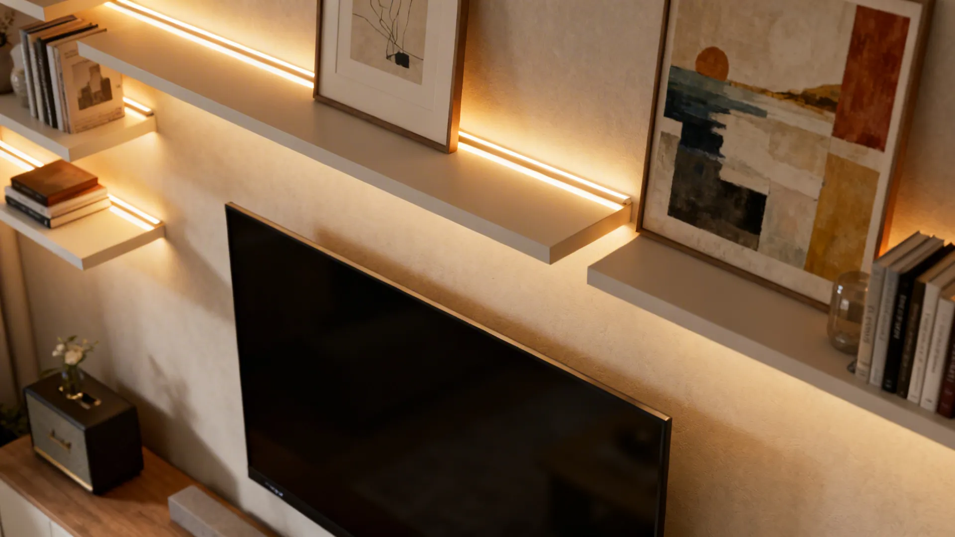 Warm LED strips behind floating shelves highlighting artwork and creating depth.