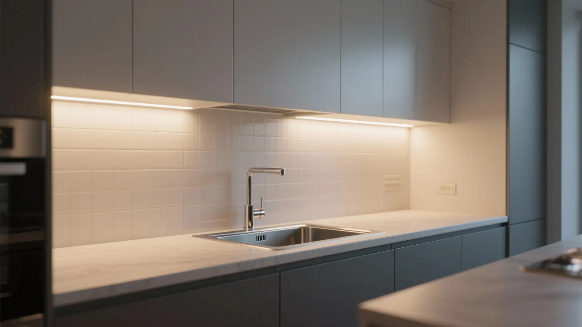 Modern kitchen with grey cabinets, white tile wall, silver faucet and bright LED strip lighting