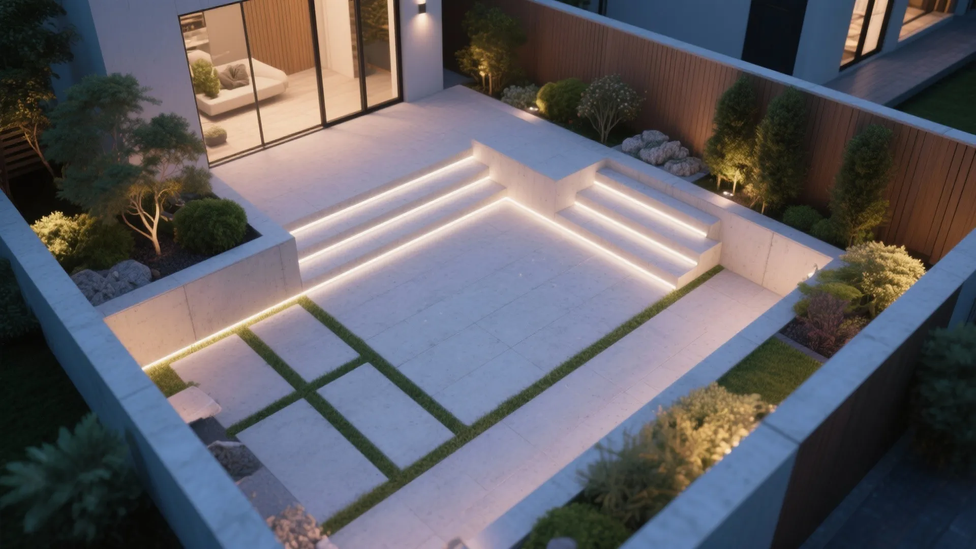 4. Integrated LED Strips for Steps and Low Walls