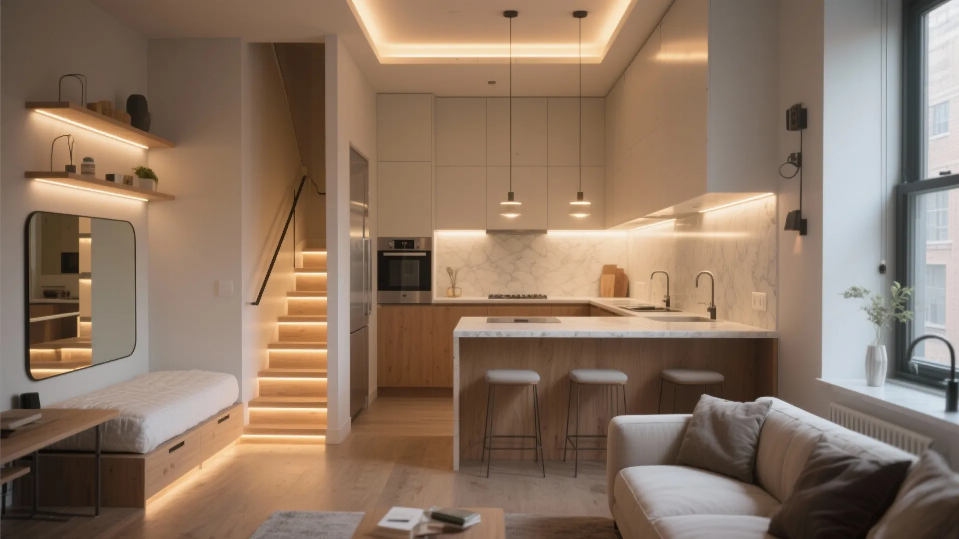 Small modern studio apartment with kitchen island lit stairs white sofa and warm wood flooring