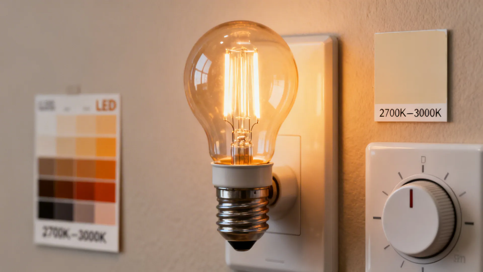 Warm LED bulb, 2700K–3000K color swatches and a dimmer control for small living rooms.