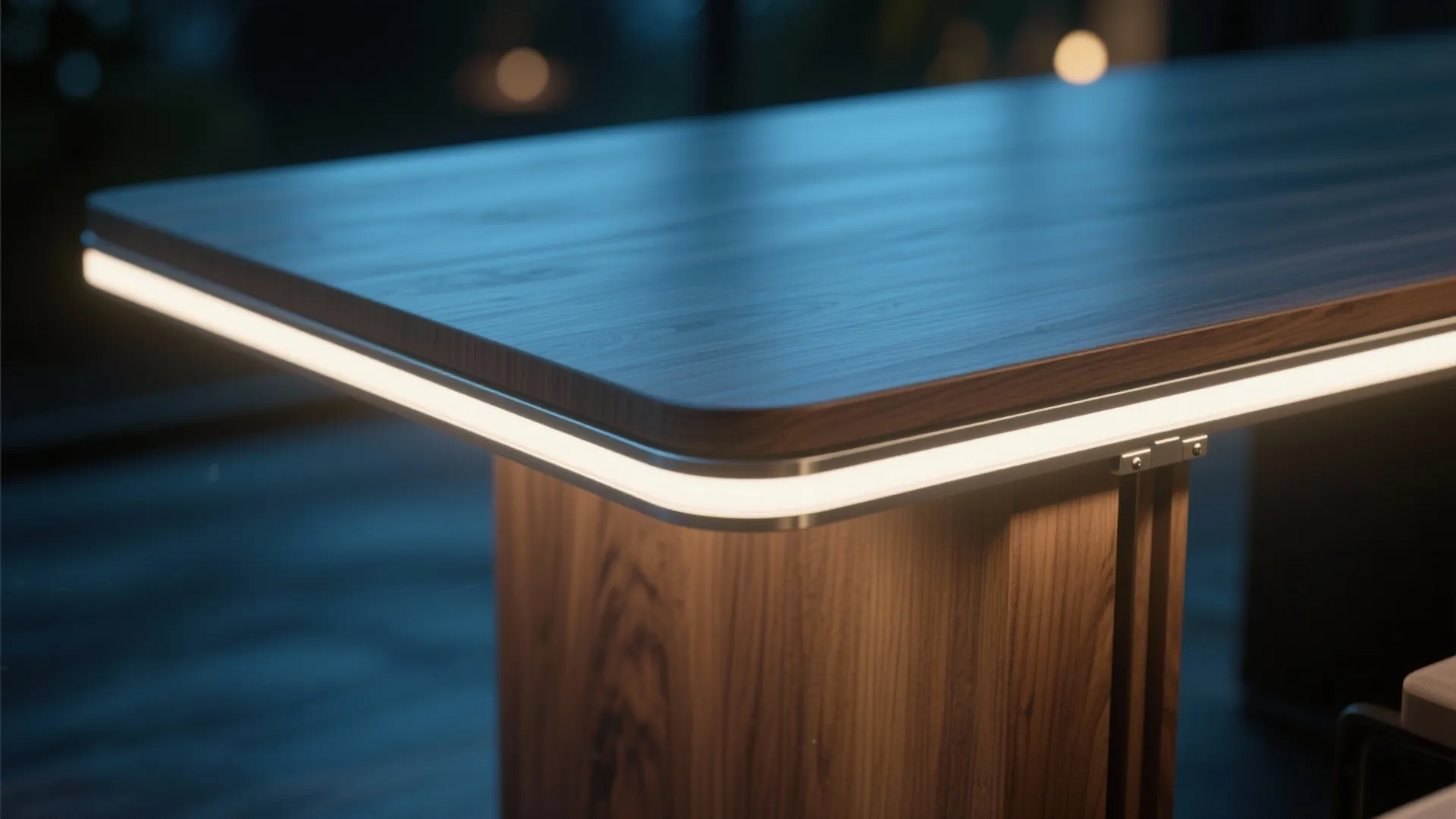 Modern table edge with integrated LED inlay emitting a subtle warm glow.