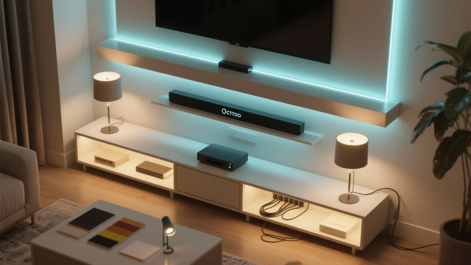 LED strips behind a TV and compact table lamps showcasing smart layered lighting options.