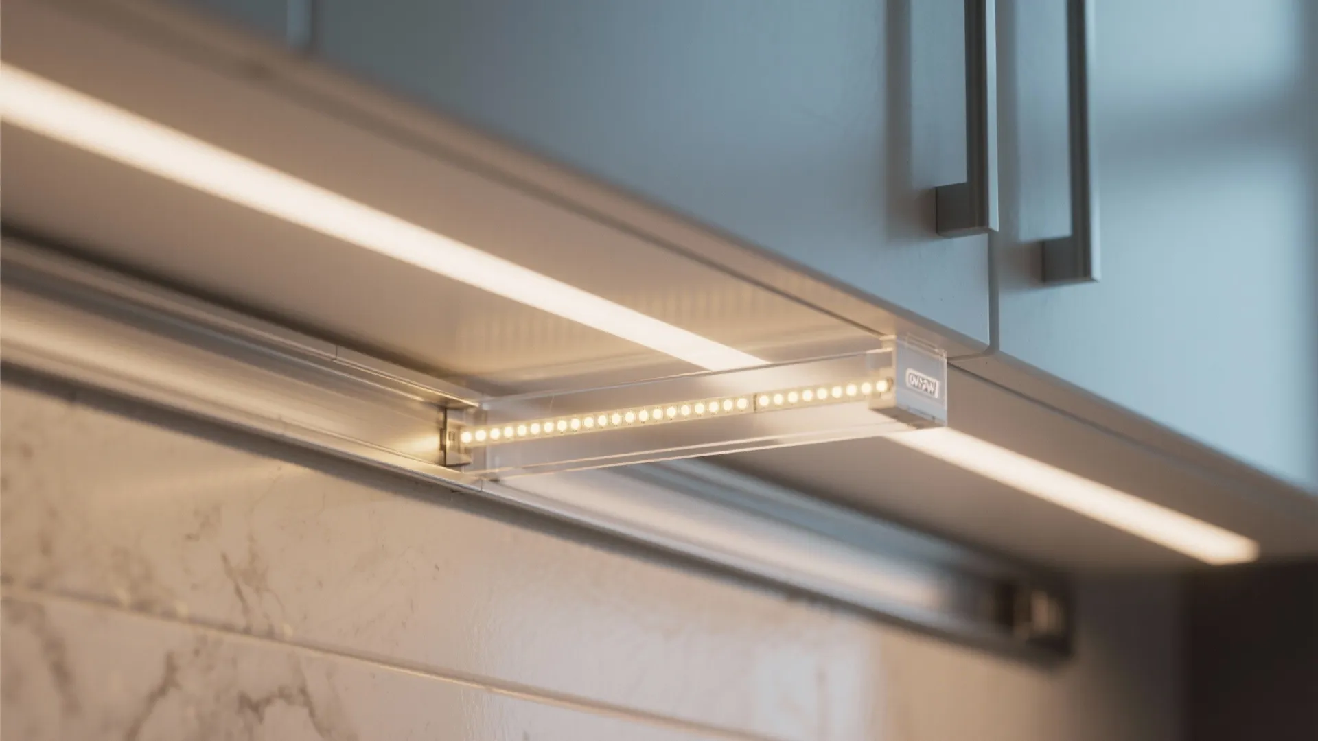 Close up of led light strip installed under white kitchen cabinet with marble wall background