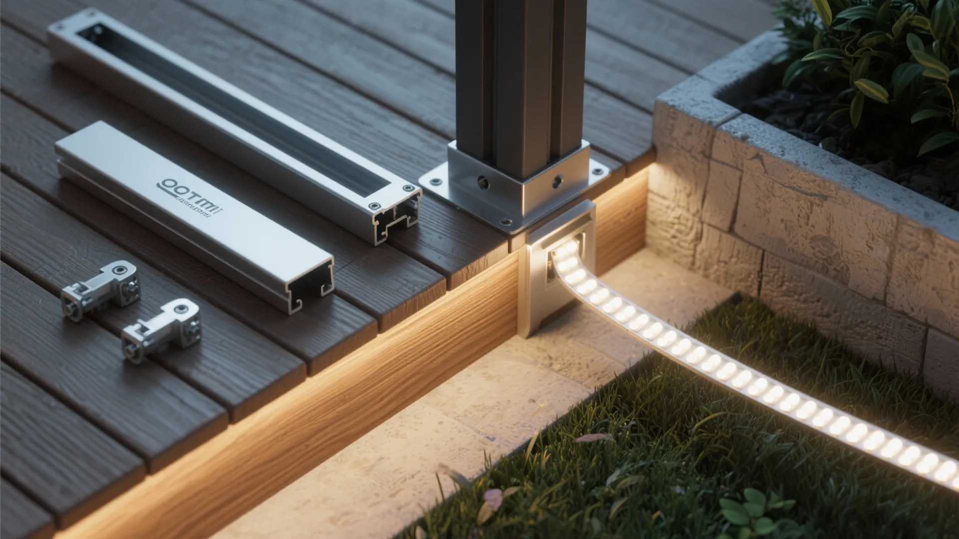 Outdoor wooden deck floor featuring installed LED strip lights and metal mounting parts with garden grass