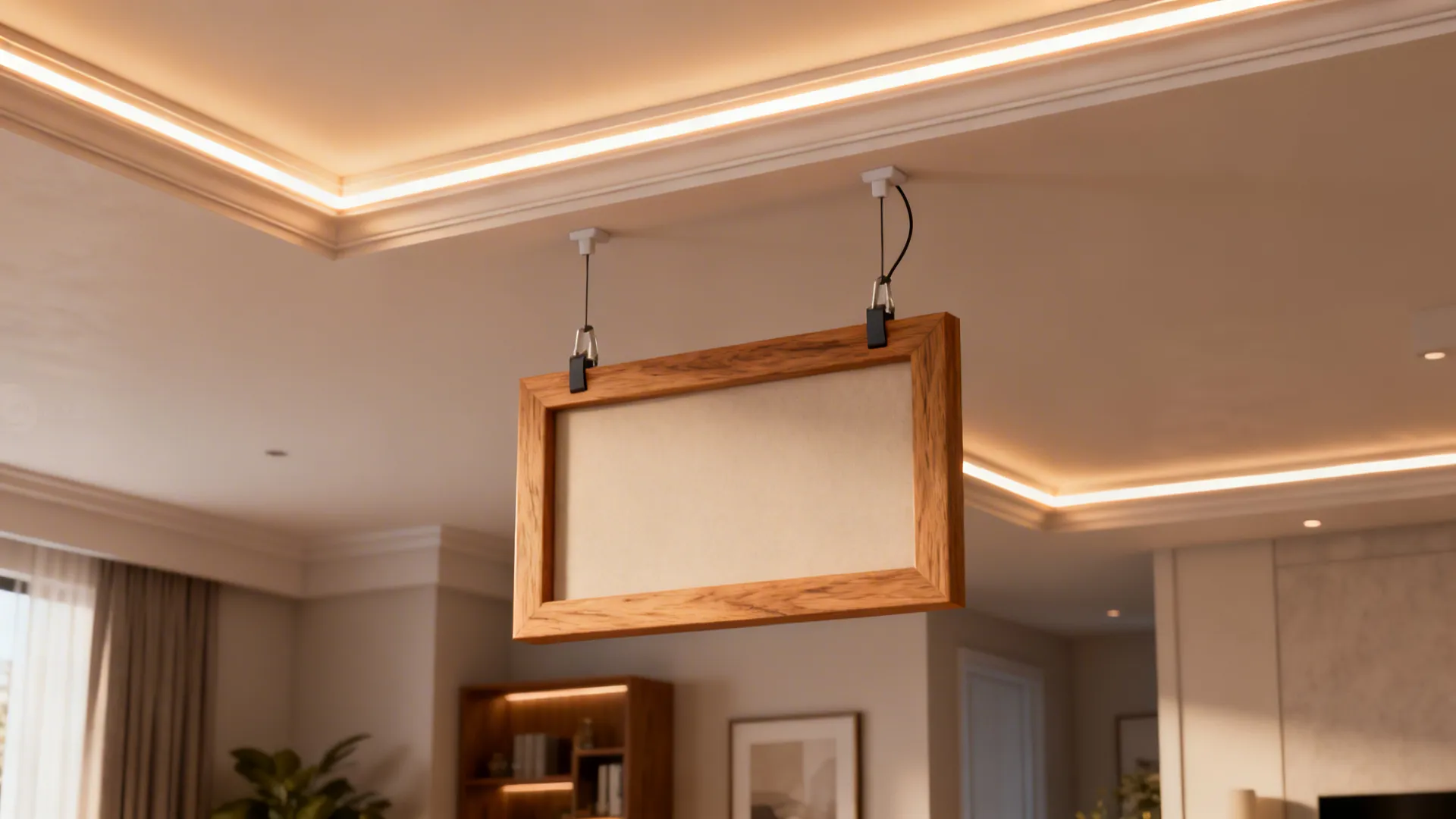 Wooden suspended frame with concealed rechargeable LED tape creating an indirect ceiling wash.