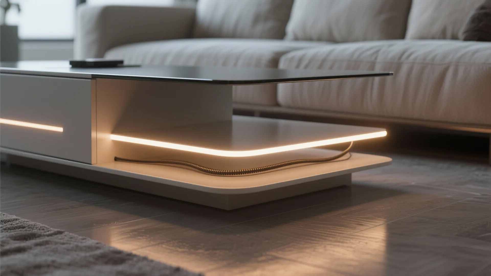 Modern white coffee table with built-in warm LED light strip detail in a cozy living room