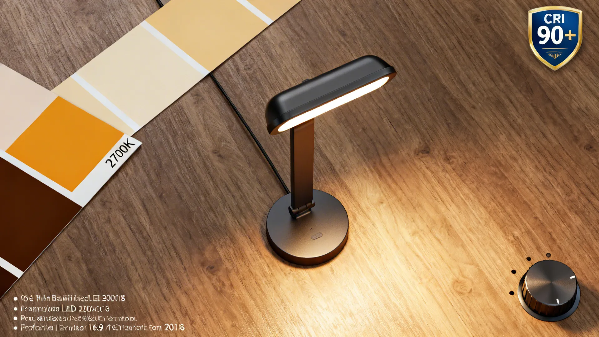 Flatlay of an LED task lamp head, warm color swatches and dimmer knob on a wooden surface