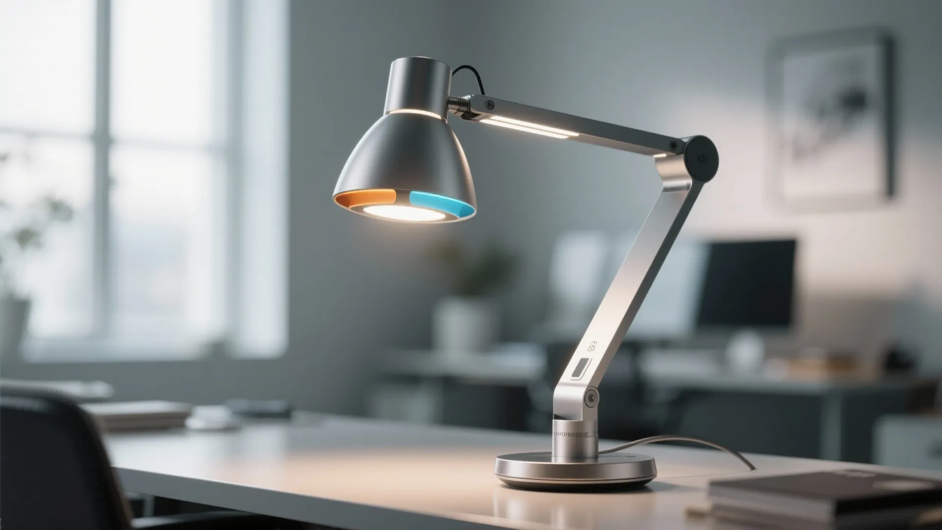Modern silver desk light fixture with adjustable arm and warm light on a white table