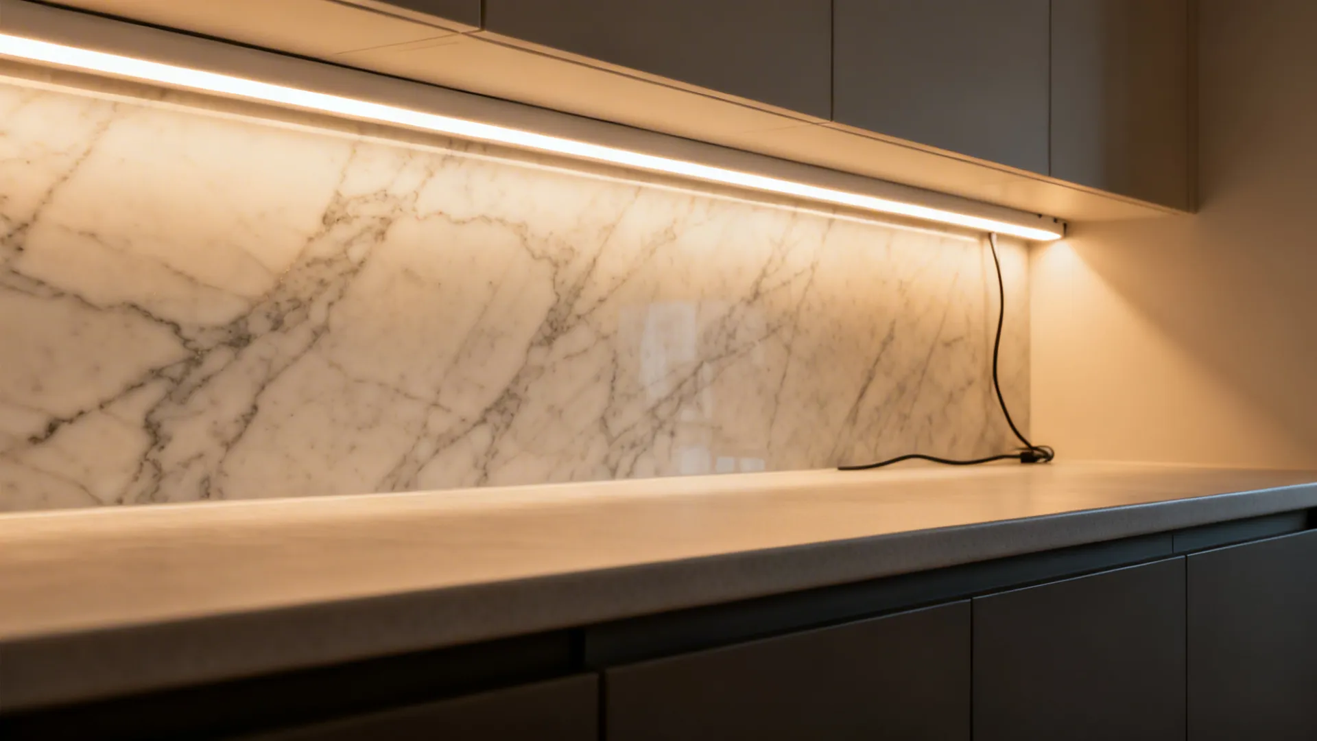 Close-up of under-cabinet LED lighting softly illuminating a quartz backsplash.