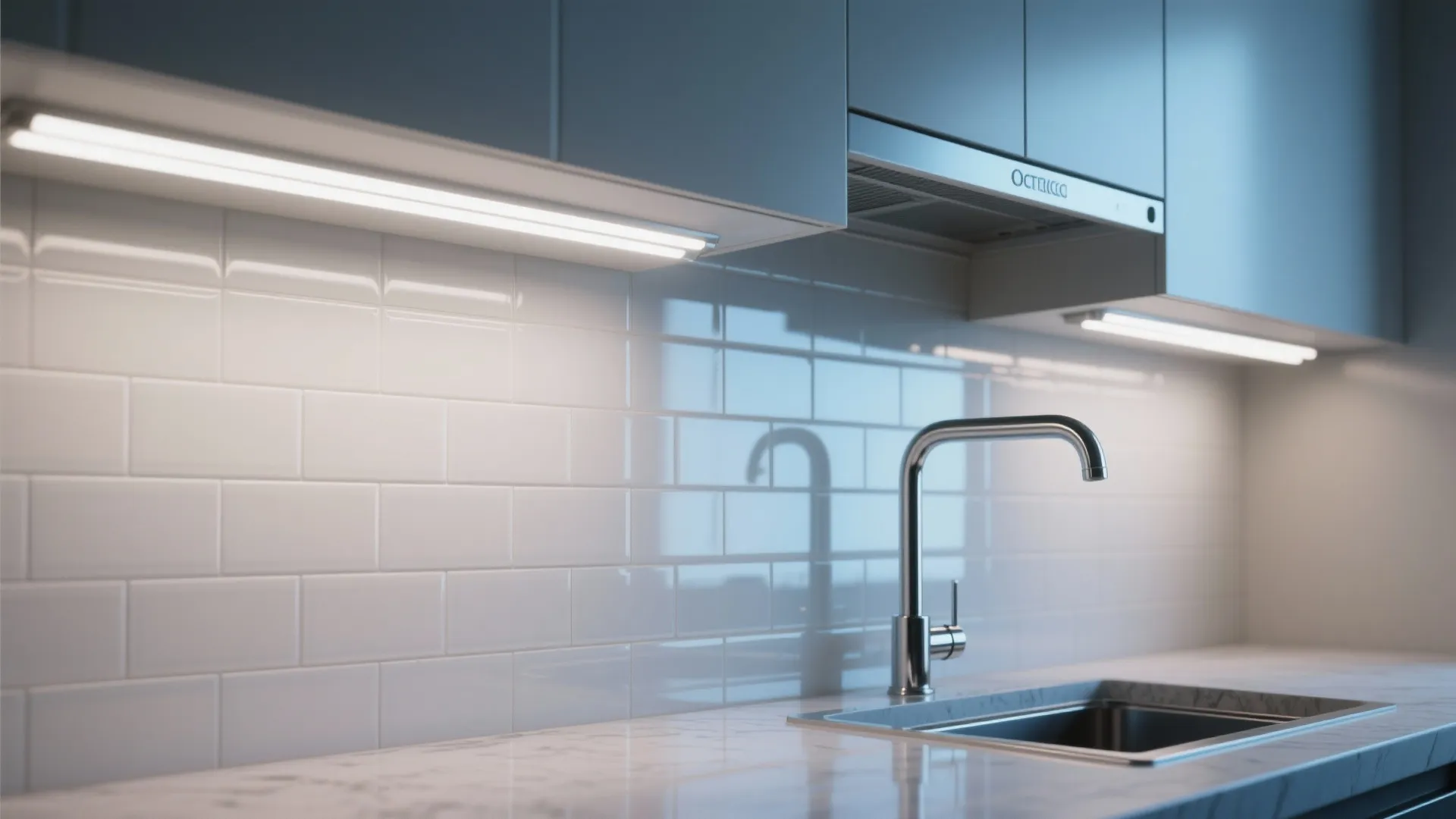Under-cabinet LED lighting highlighting a reflective backsplash and pale countertop in a small kitchen.
