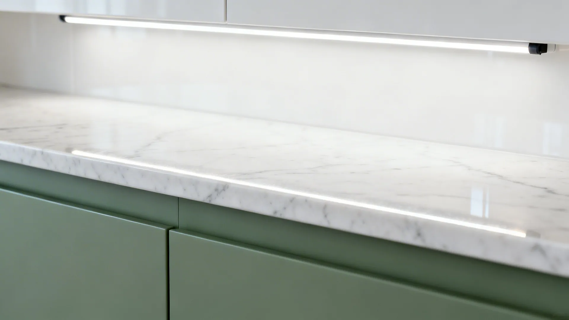 LED strip light fixture glowing under white cabinets above a marble countertop and green cabinets