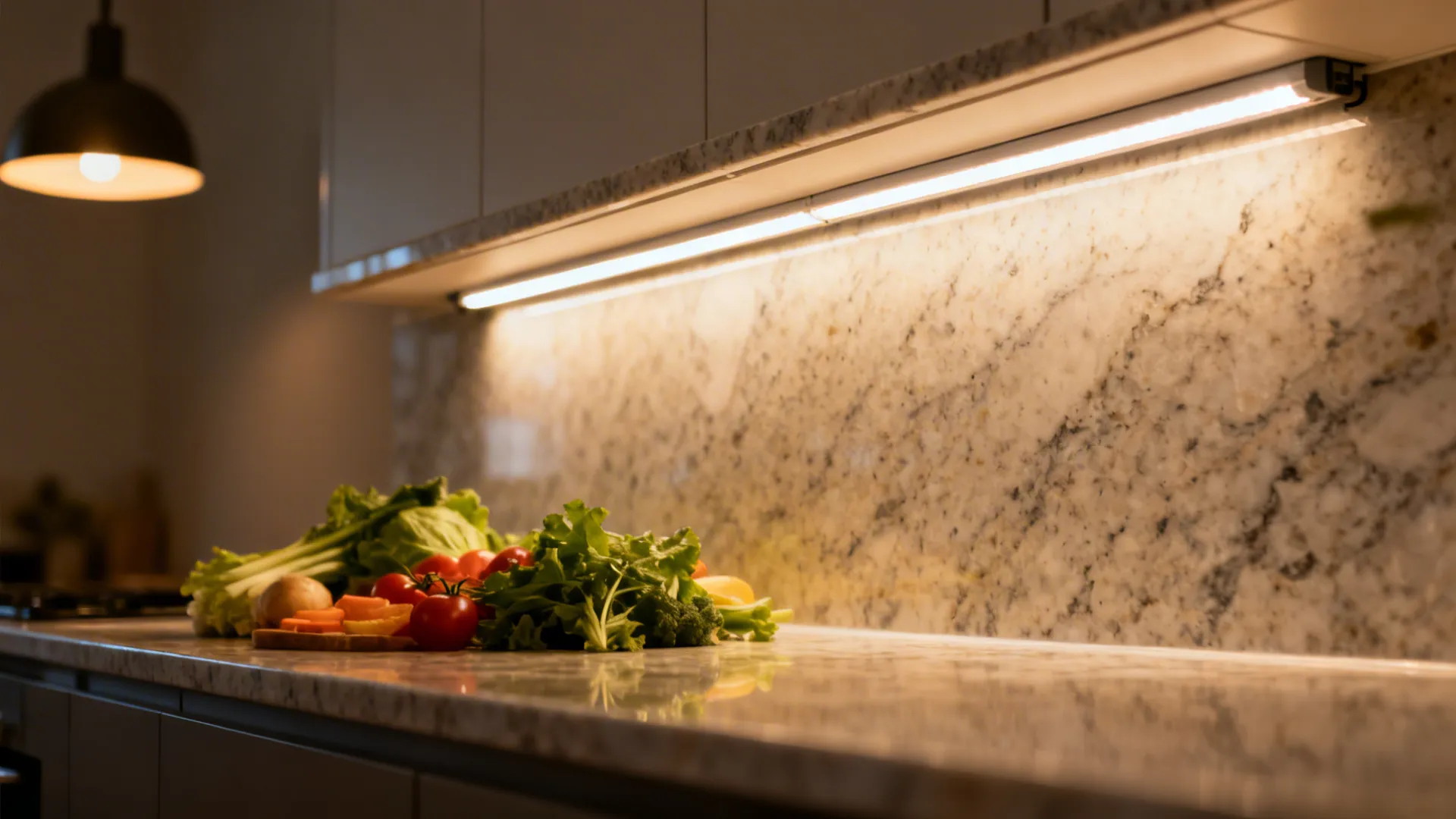 Macro of under-cabinet LED casting warm task light on quartz surface.