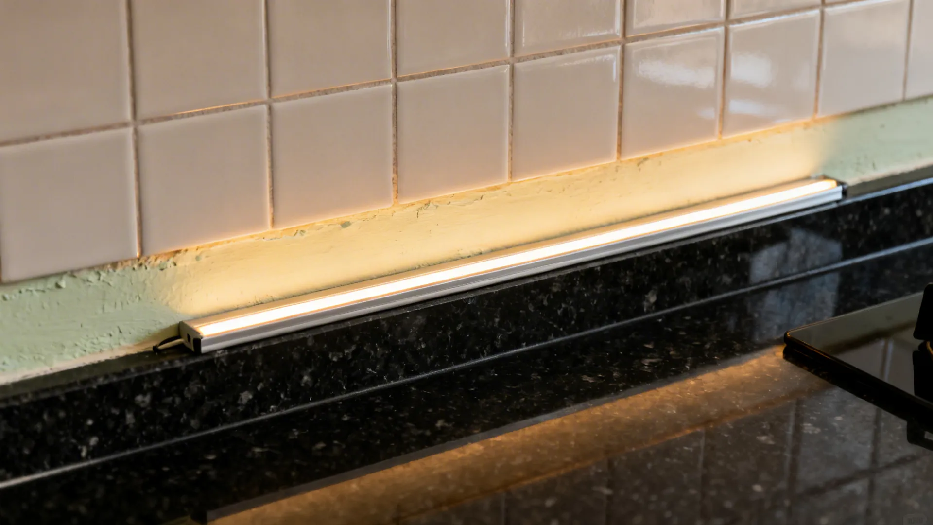 Macro of warm LED strip illuminating satin backsplash above a granite counter in a Kerala kitchen.