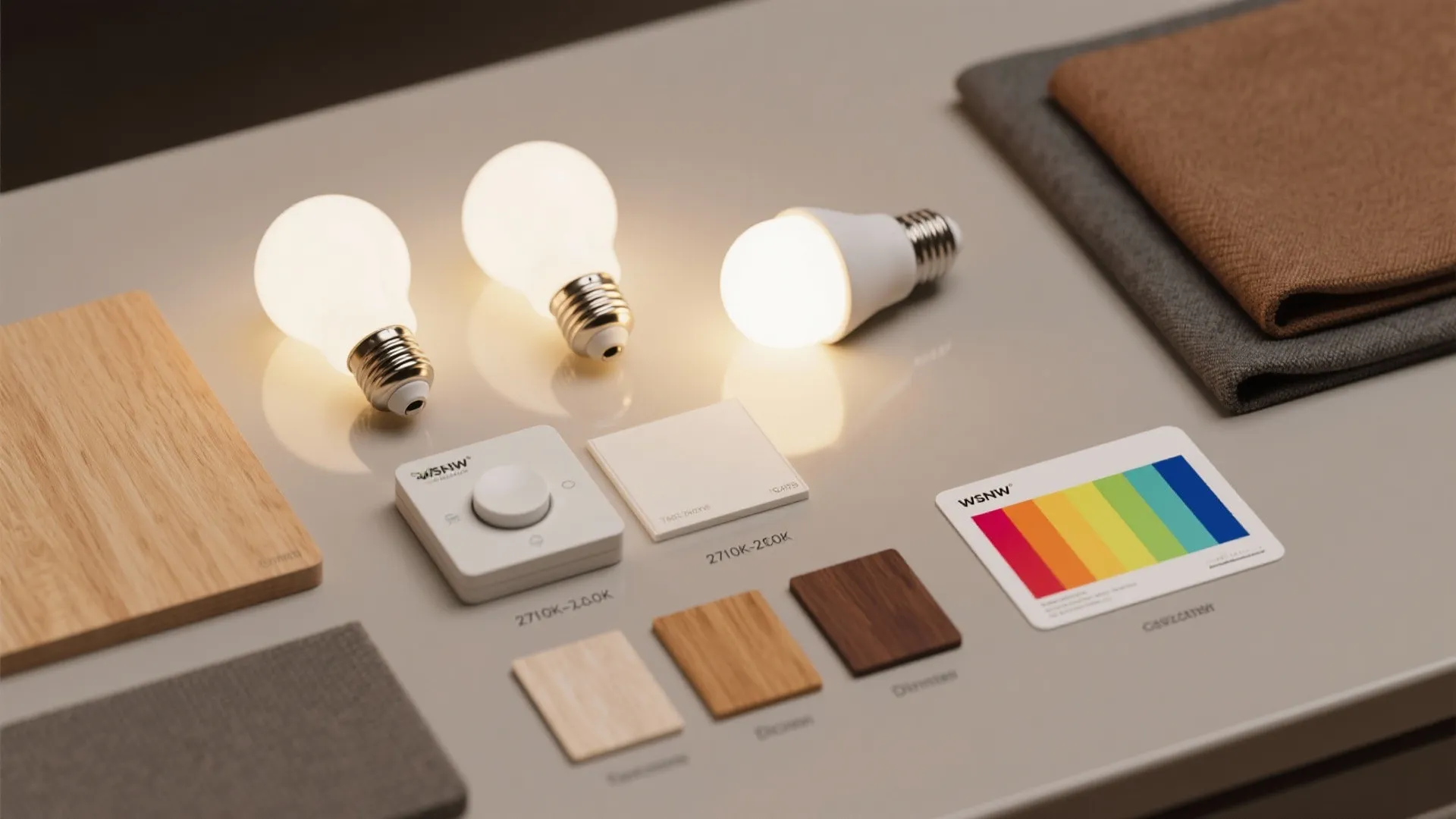 Flatlay of warm LED bulbs, cooler task bulb sample, dimmer switch, and material swatches for zoning.