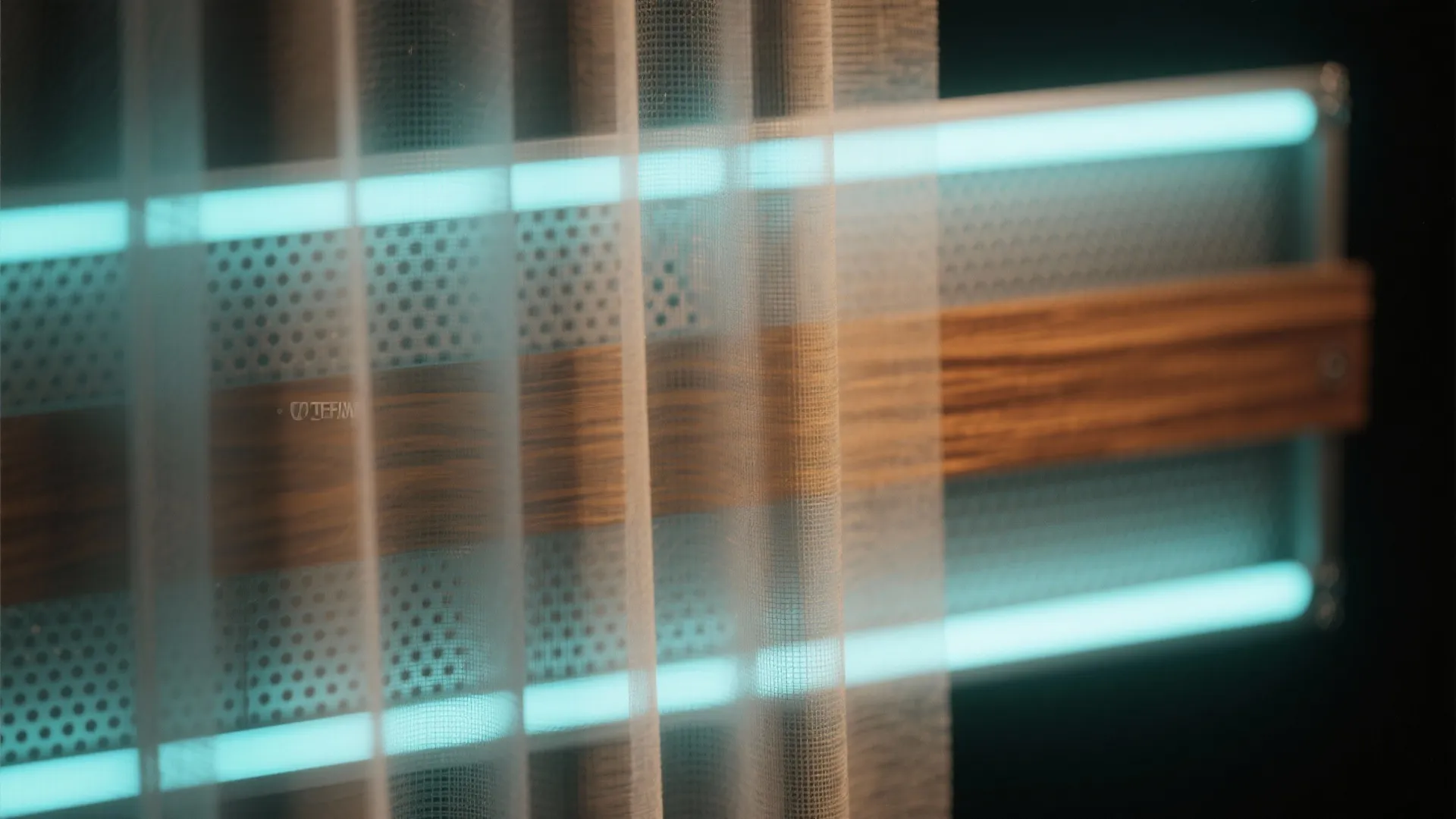 Blue LED light strip behind metal mesh panel with wood beam and sheer white fabric