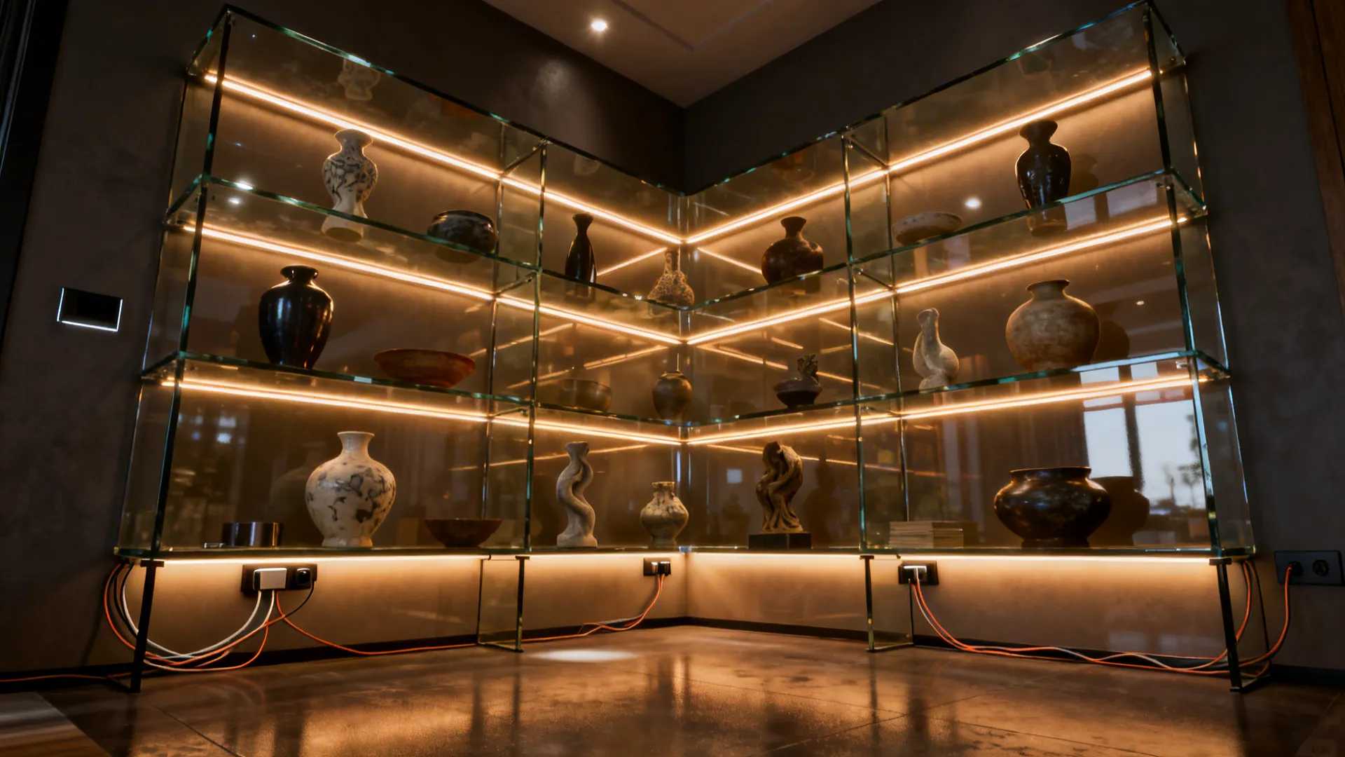Tiered glass corner shelves with integrated warm LED strips illuminating ceramics and small sculptures.