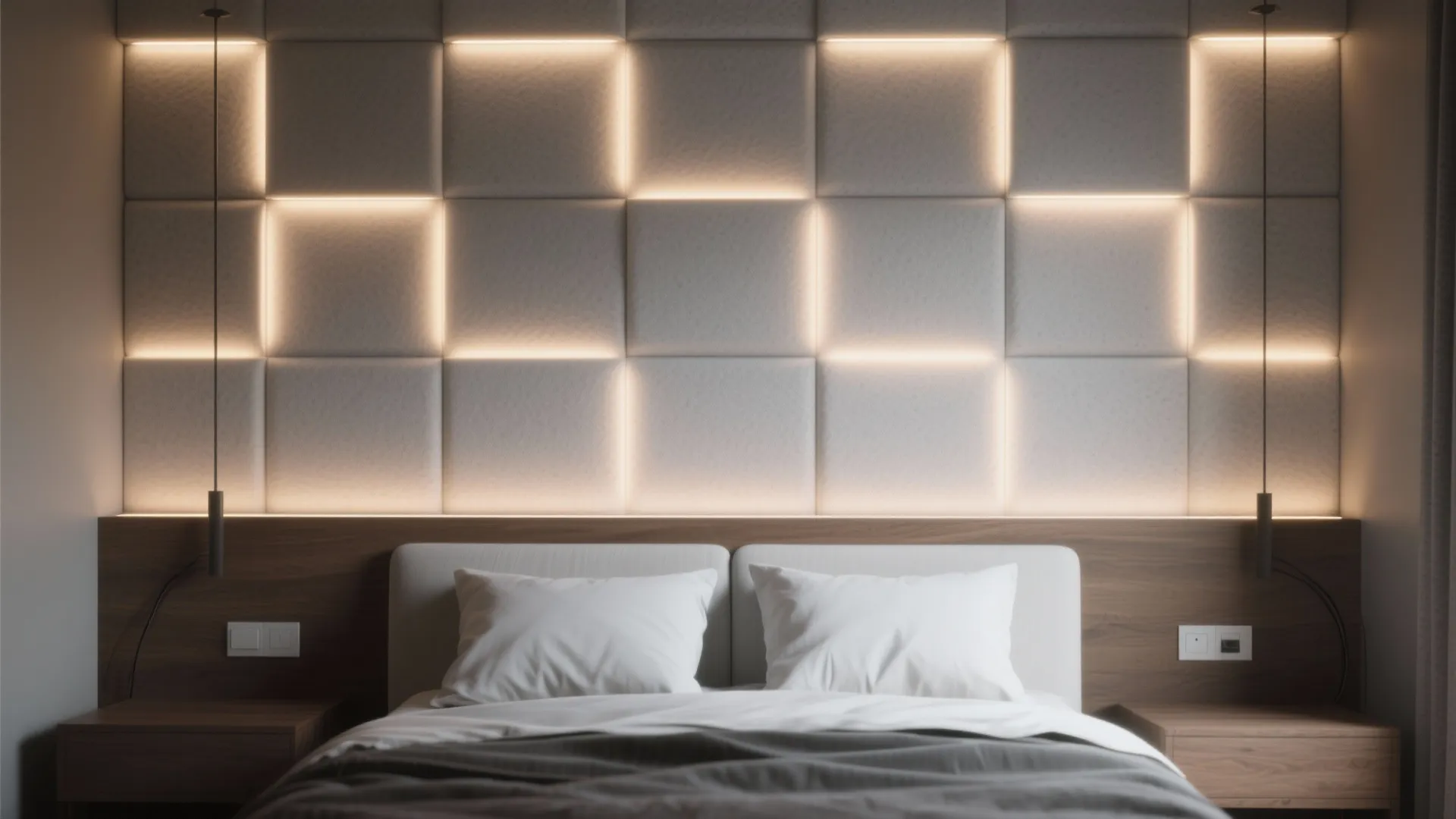 Modern bedroom with square wall panel light fixture above a wooden bed with white pillows