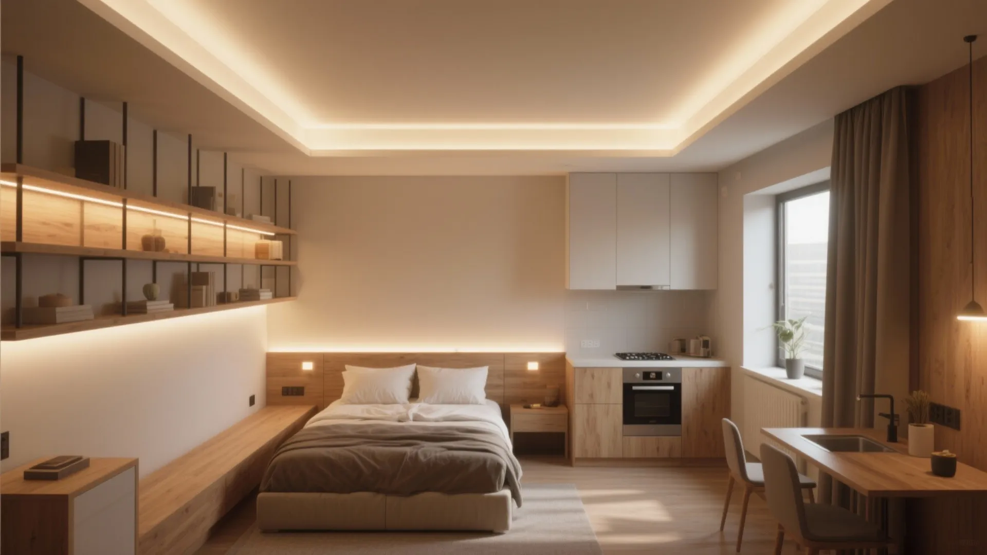 Modern studio apartment with warm lighting featuring a bed small kitchen and wooden dining table