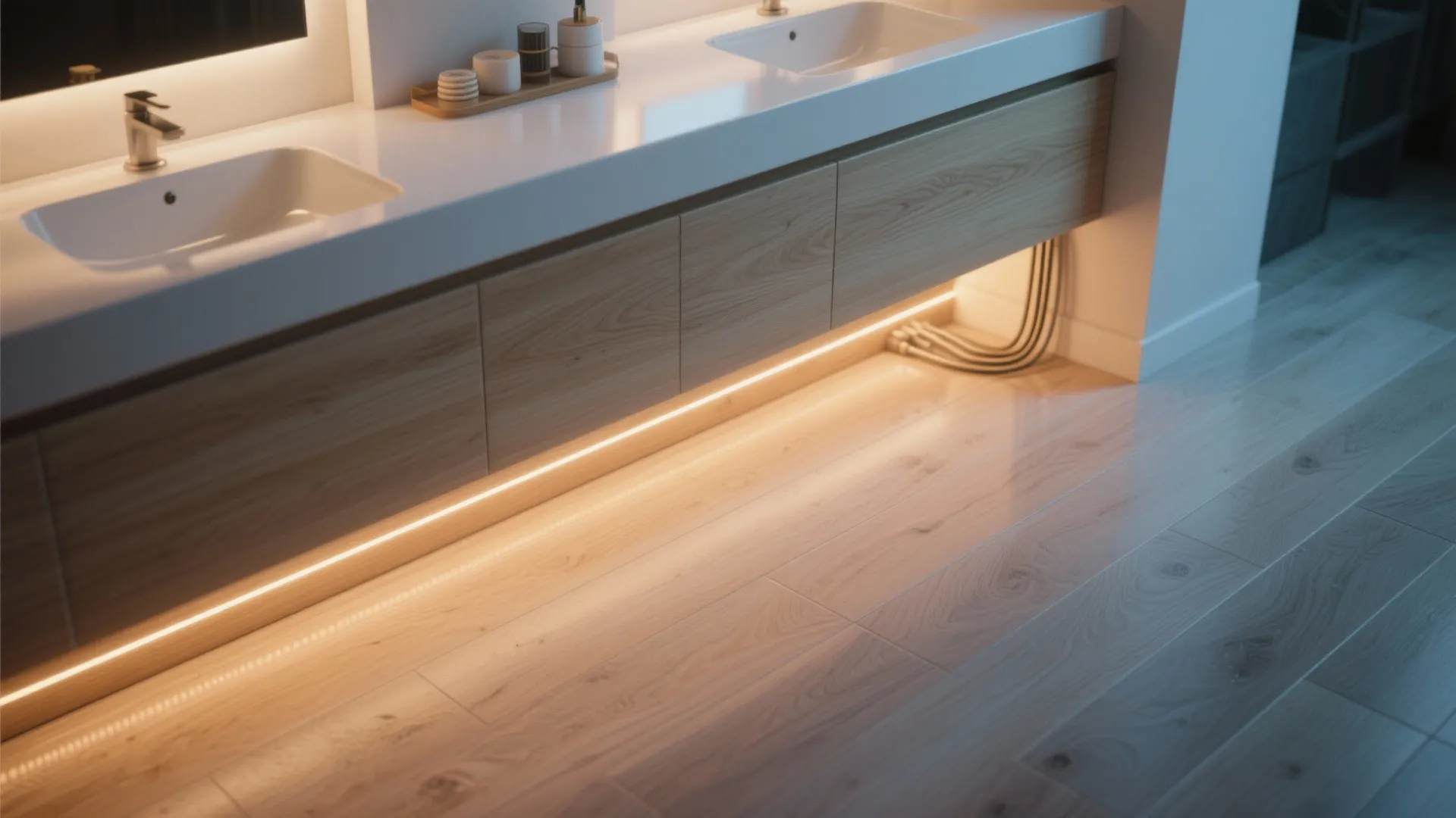 4. Light-stained oak with integrated LED accent lighting