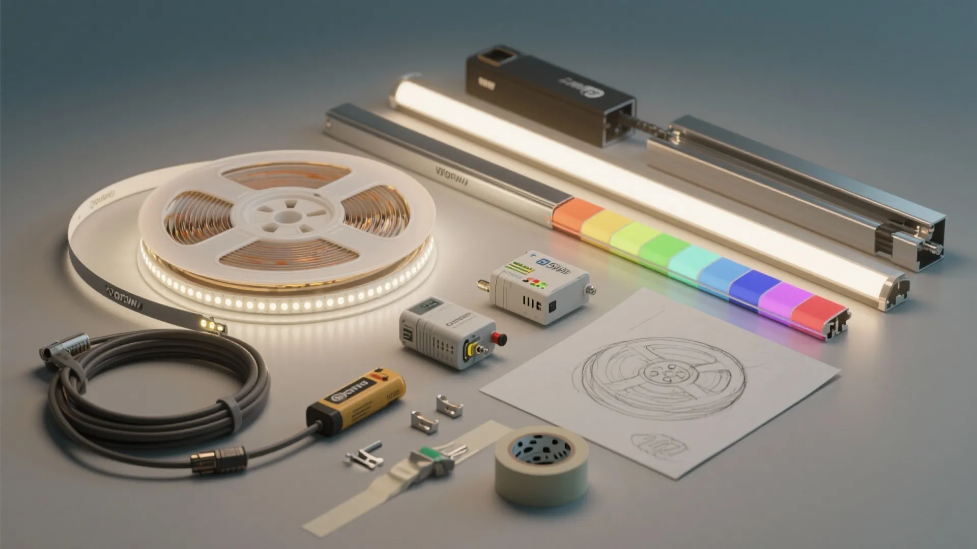 Collection of led strip lights and colorful light bars on a table with design tools