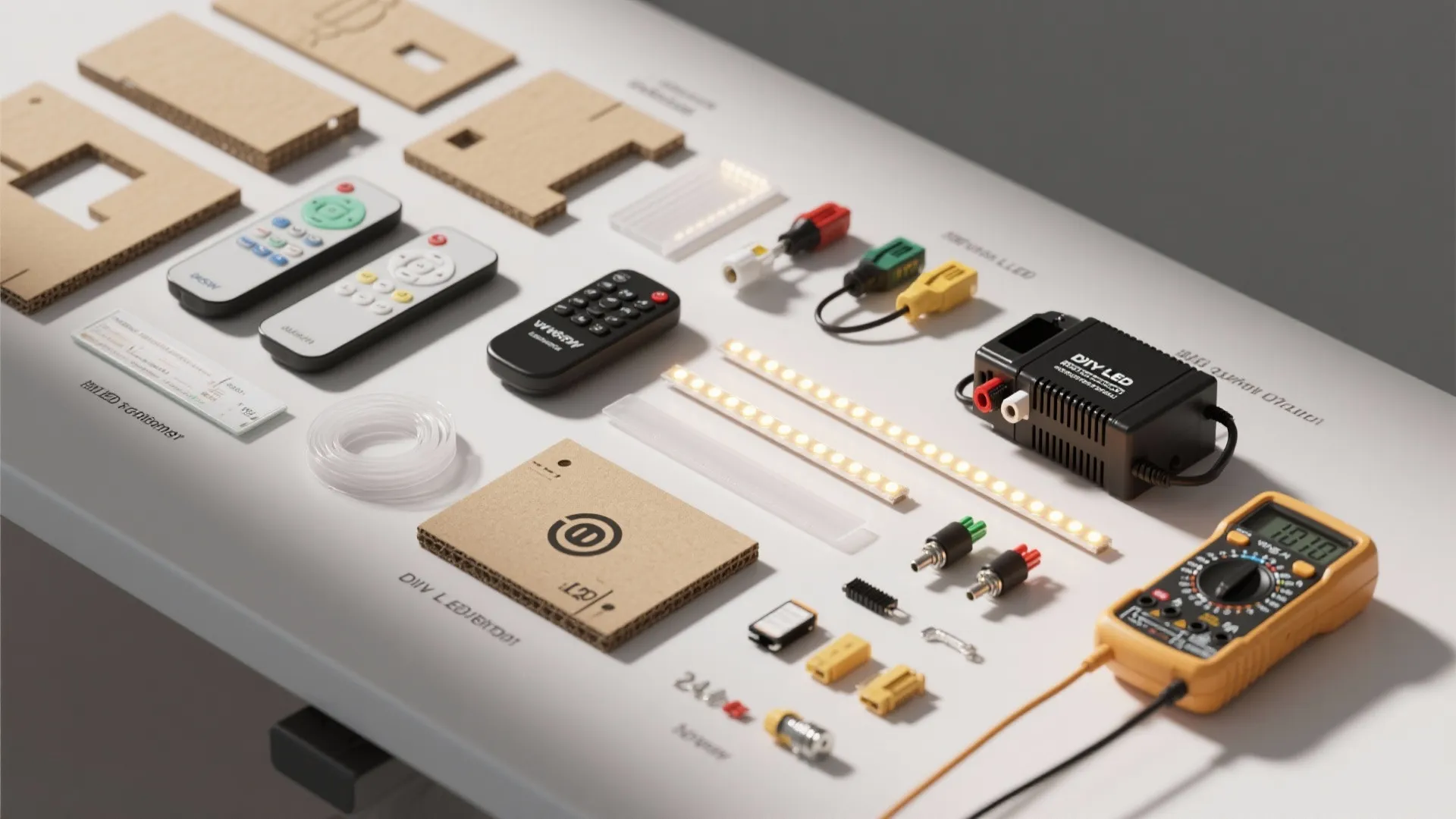 Organized collection of home lighting tools including remote controls light strips and a yellow digital meter