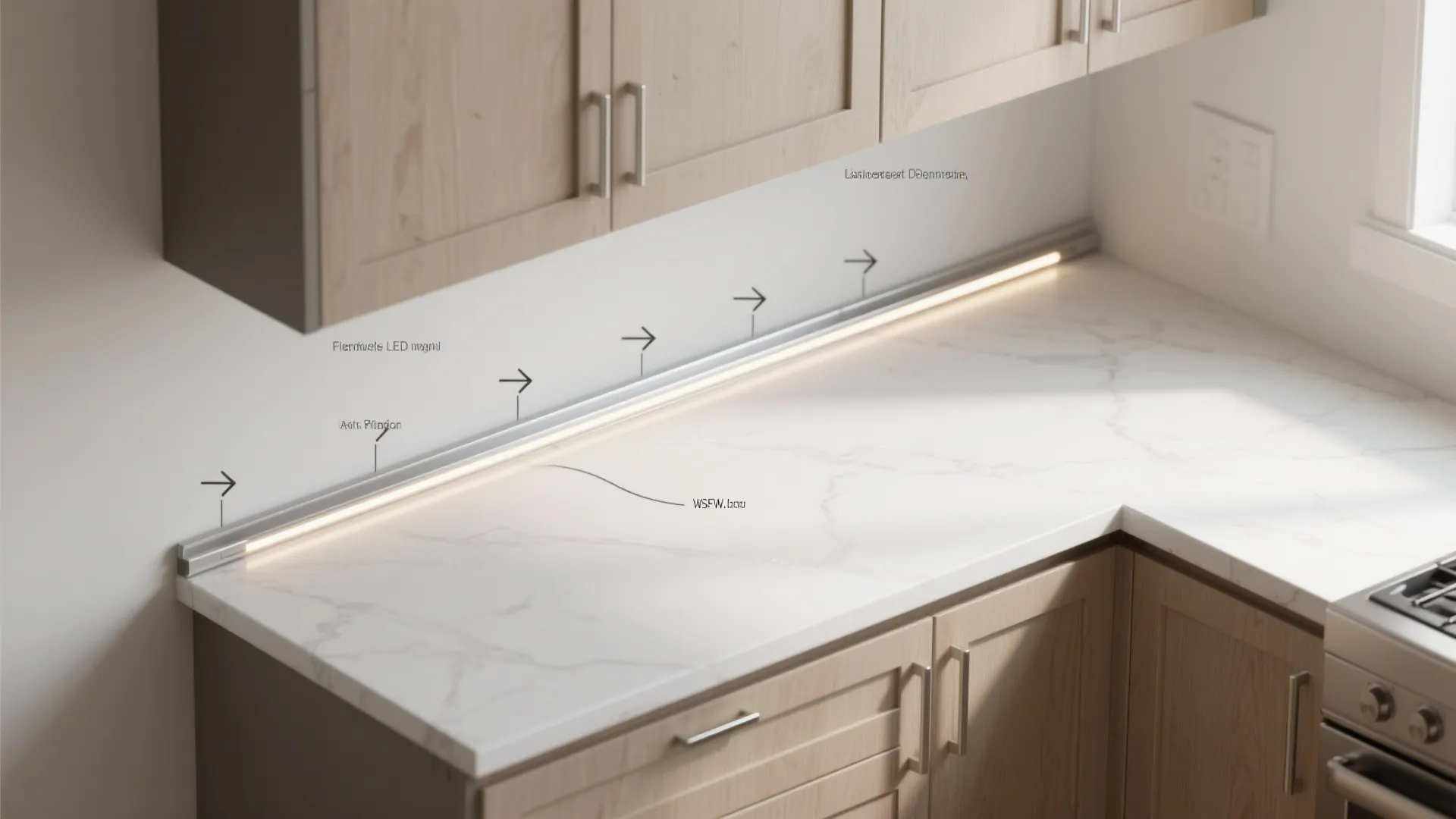 Interior design drawing showing kitchen counter with white marble and long strip led light fixture