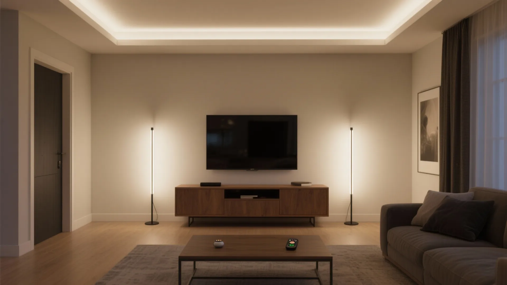 Slim LED torchières bounce light off a matte ceiling to make a low-ceiling living room feel taller.