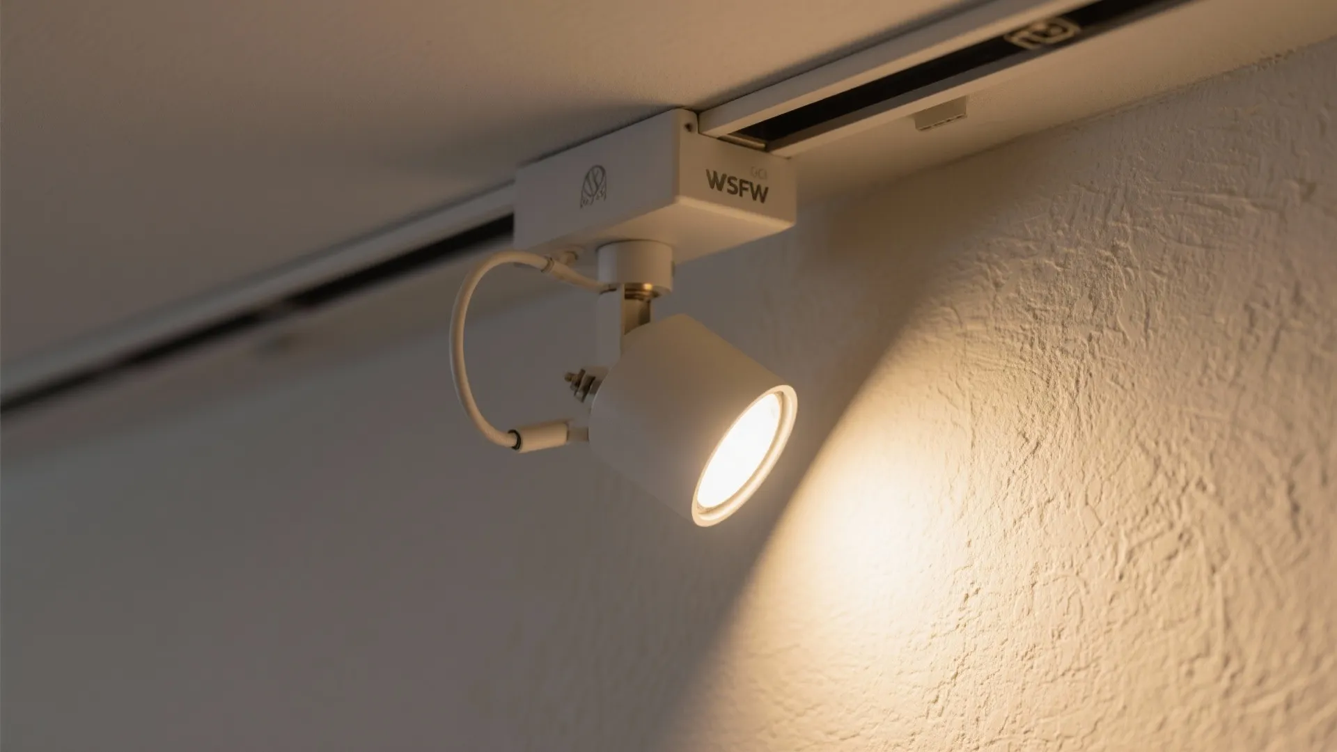 White light fixture mounted on a ceiling track shining warm light on a white wall