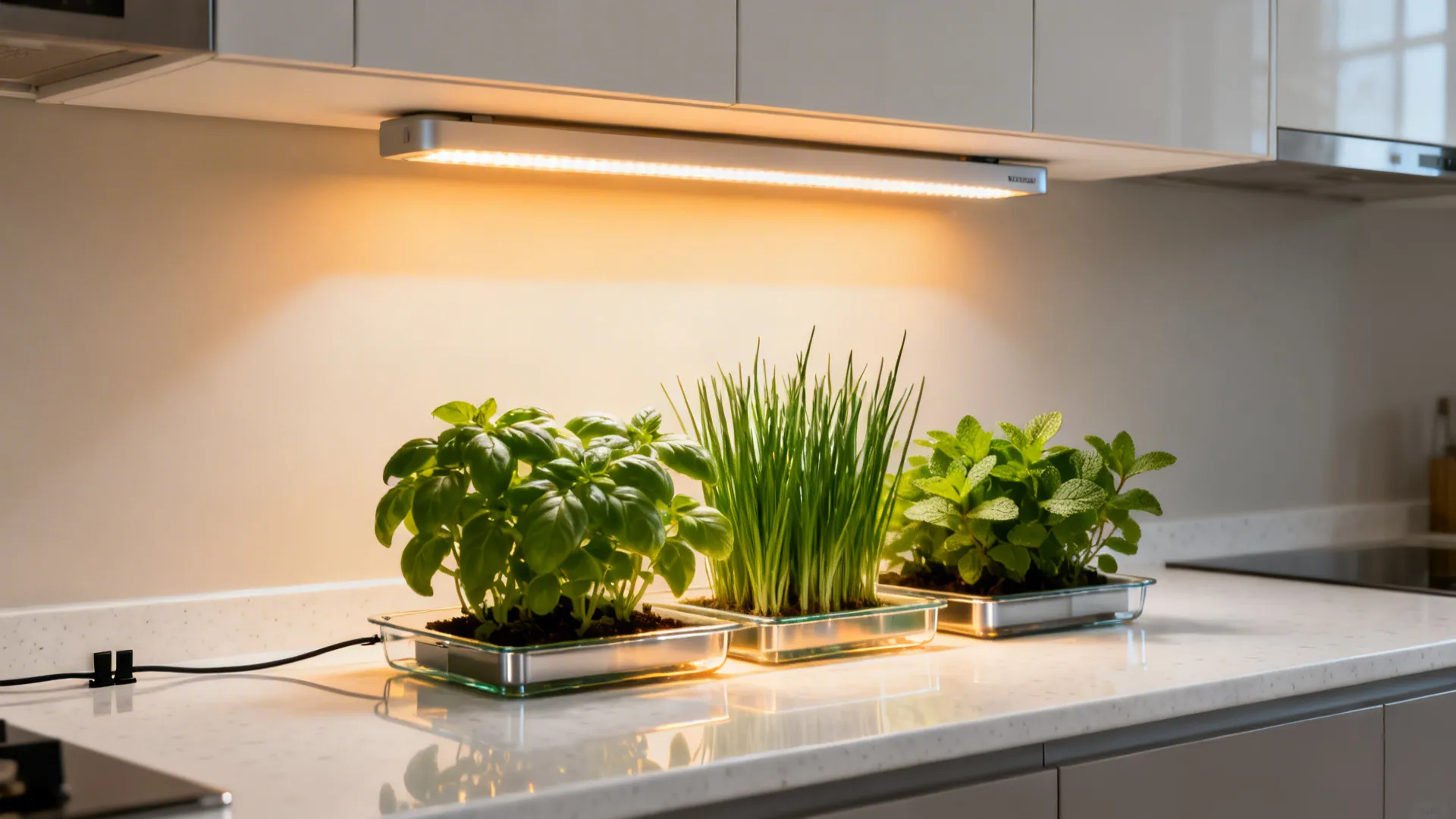 Under-cabinet LED light bar illuminating shallow herb trays on a modern countertop.