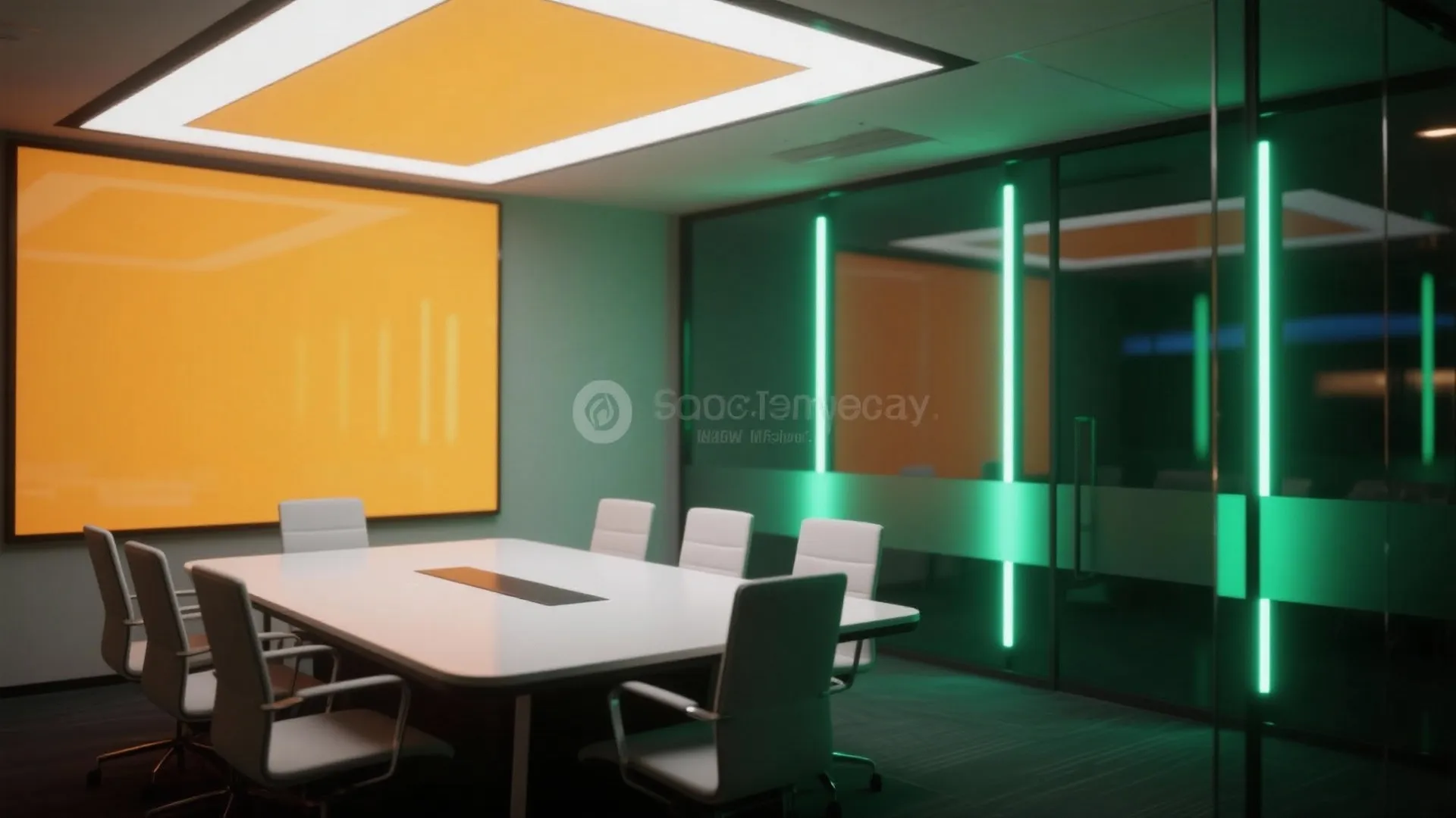 Conference room with white table and chairs featuring orange ceiling light and green wall light