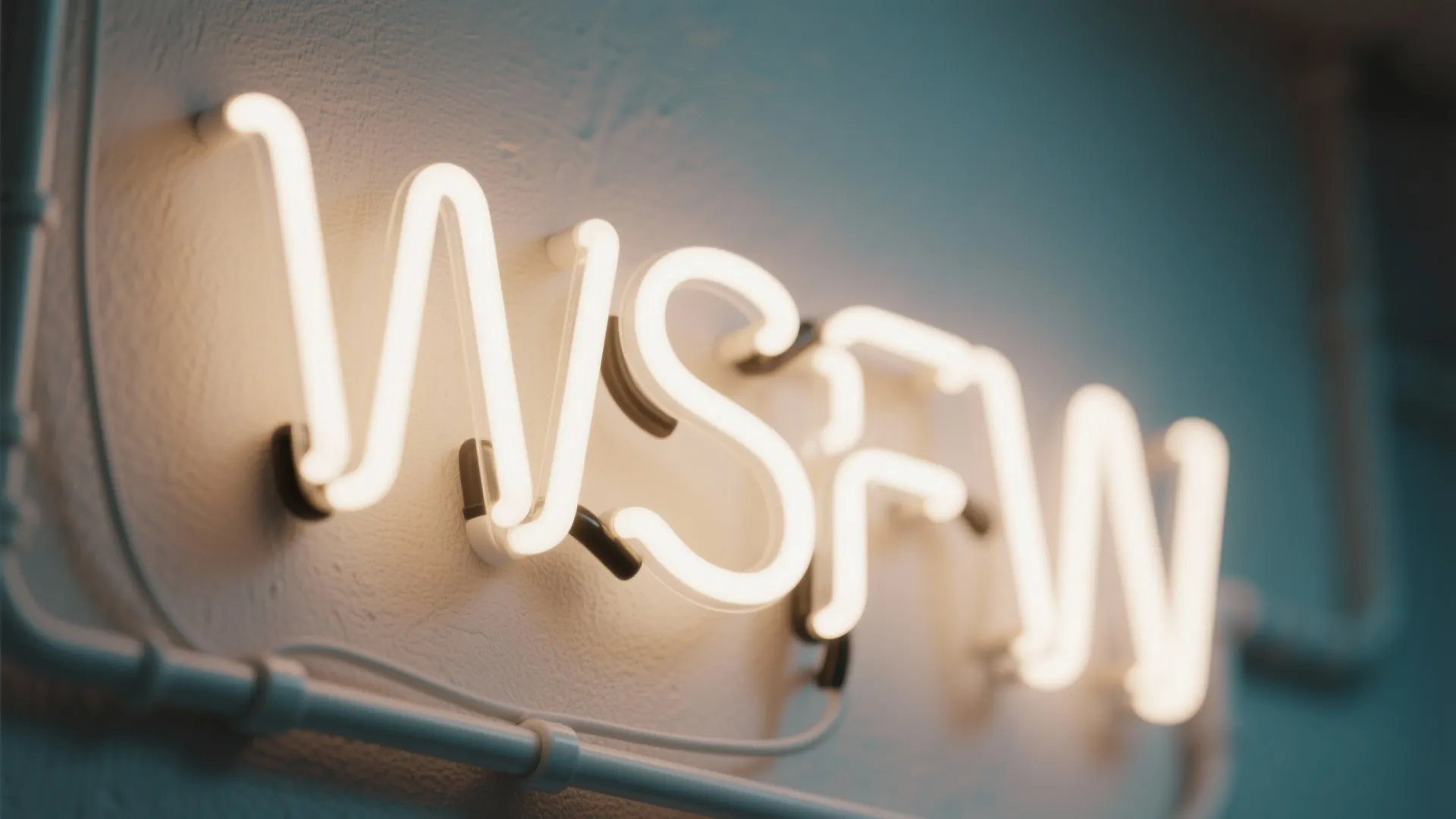 Close up view of a white neon light fixture mounted on a textured white wall