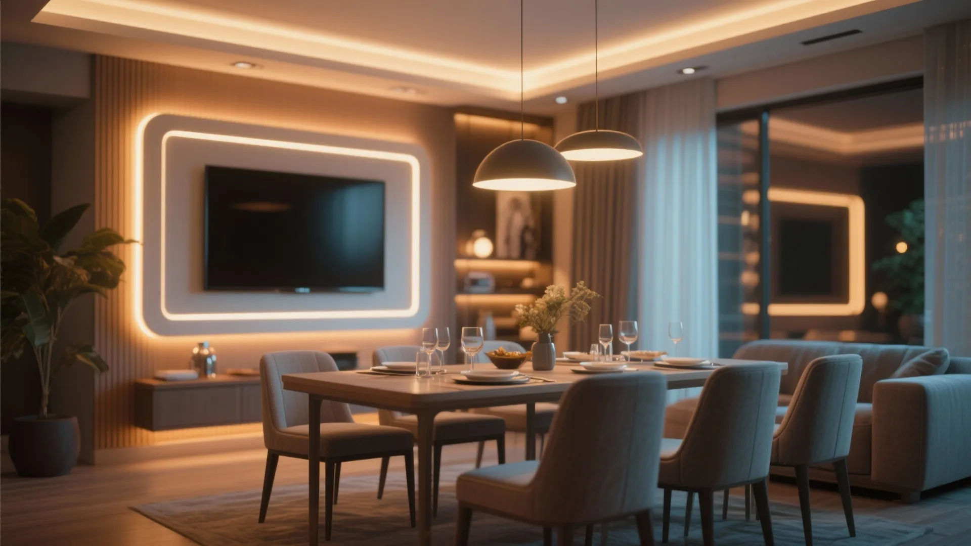 LED backlit TV in dining room creating warm ambiance