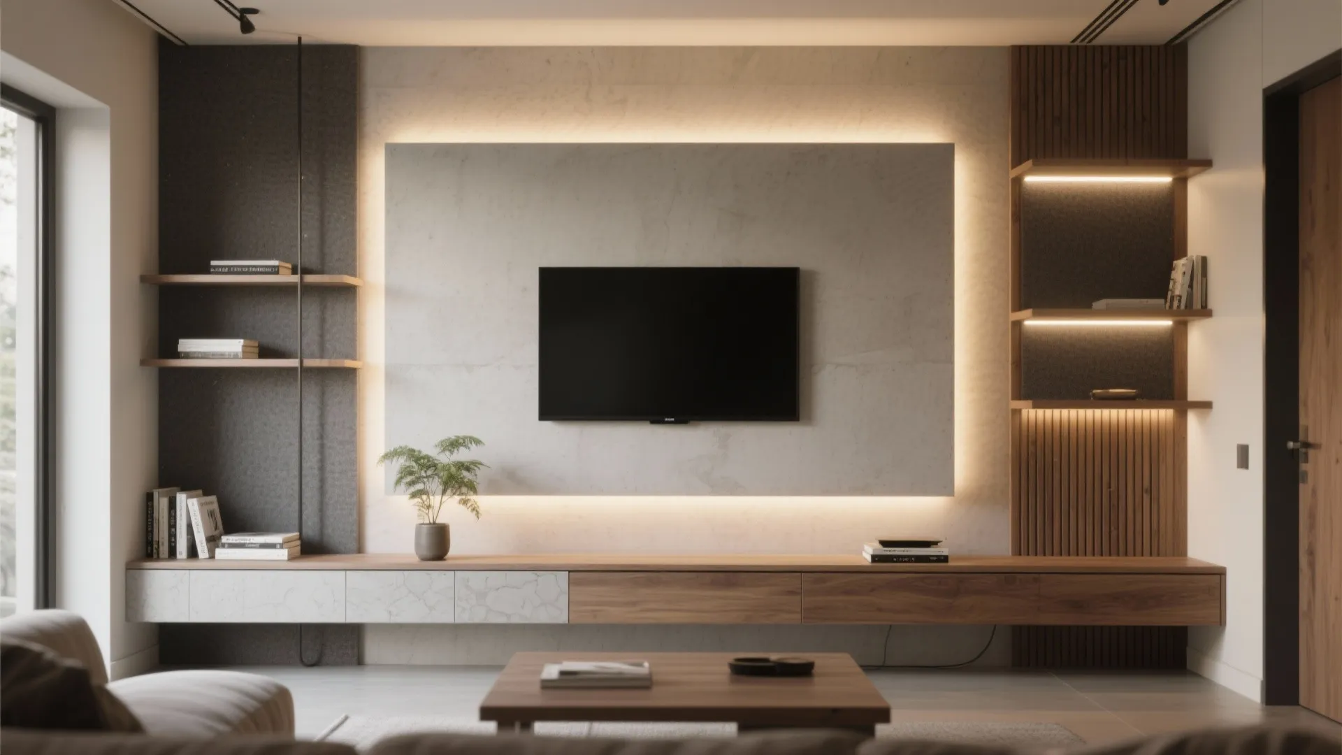Modern living room featuring wall mounted television with backlight wood cabinets and stone wall panel