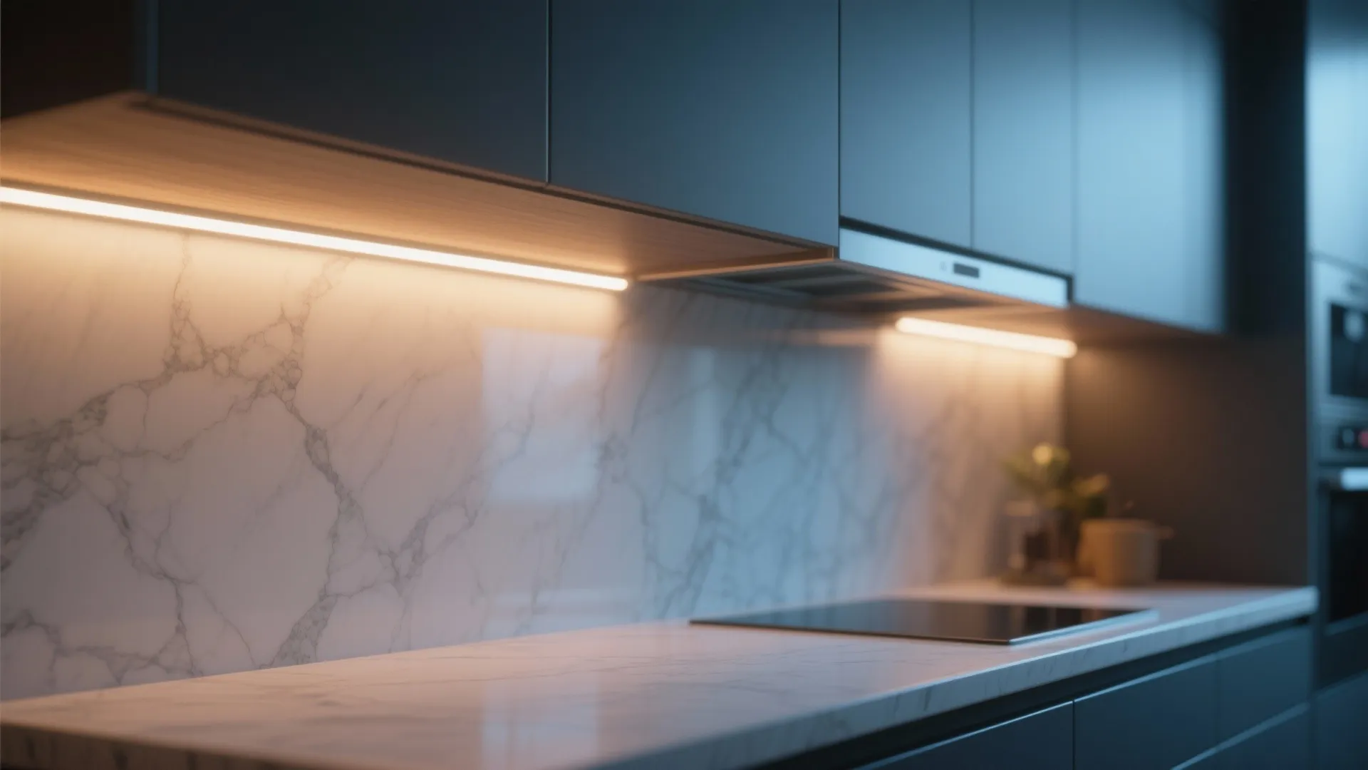 Modern marble kitchen backsplash illuminated by warm light fixture strips hidden under dark grey cabinets