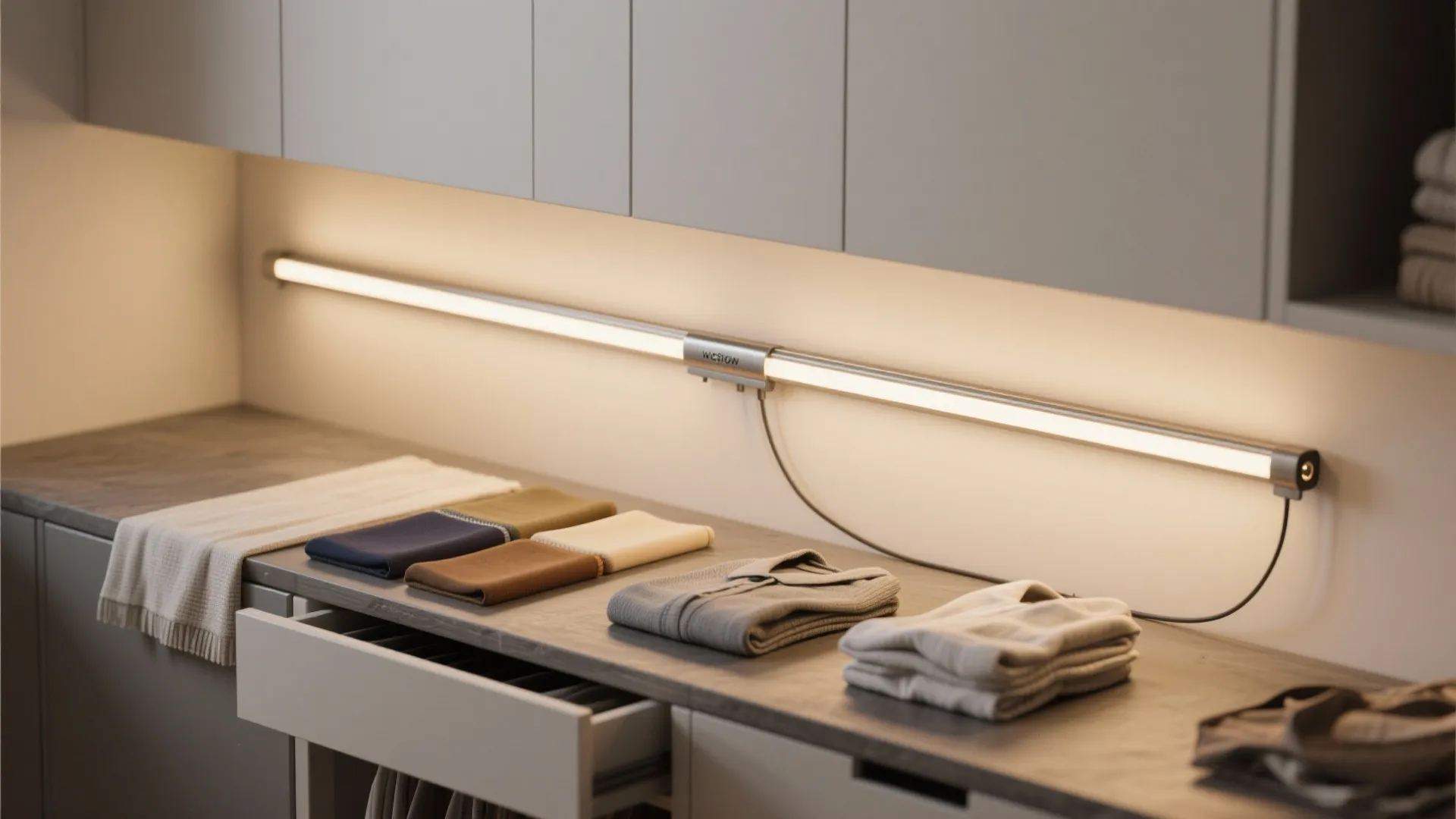 Modern laundry room cabinet with bright led light fixture over neatly folded clothes and towels