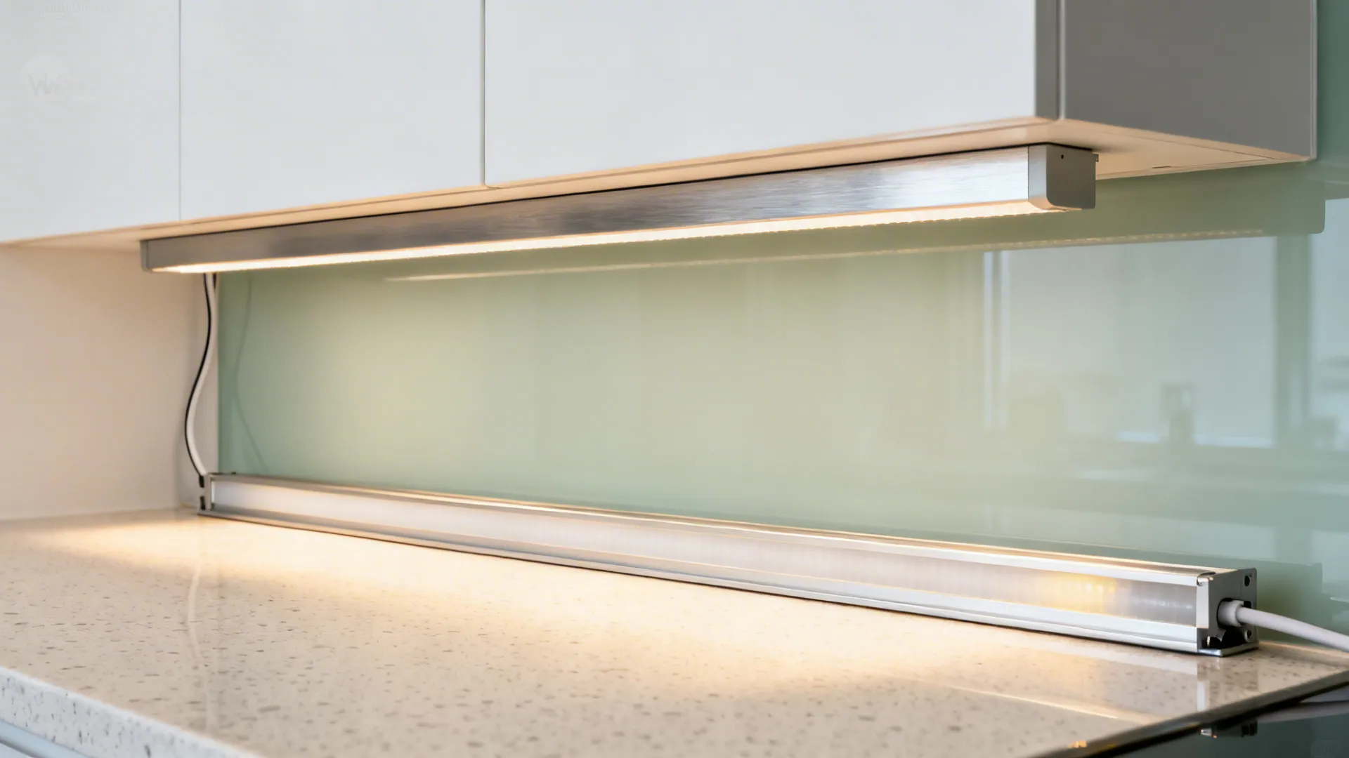 Macro view of a slim under-cabinet LED strip with diffuser lighting a quartz countertop and glass backsplash.