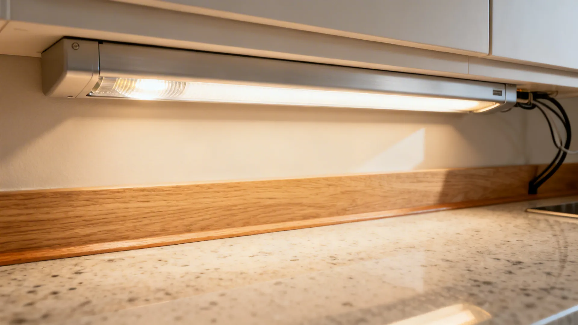Bright led light fixture installed under a white kitchen cabinet illuminating a stone countertop and backsplash