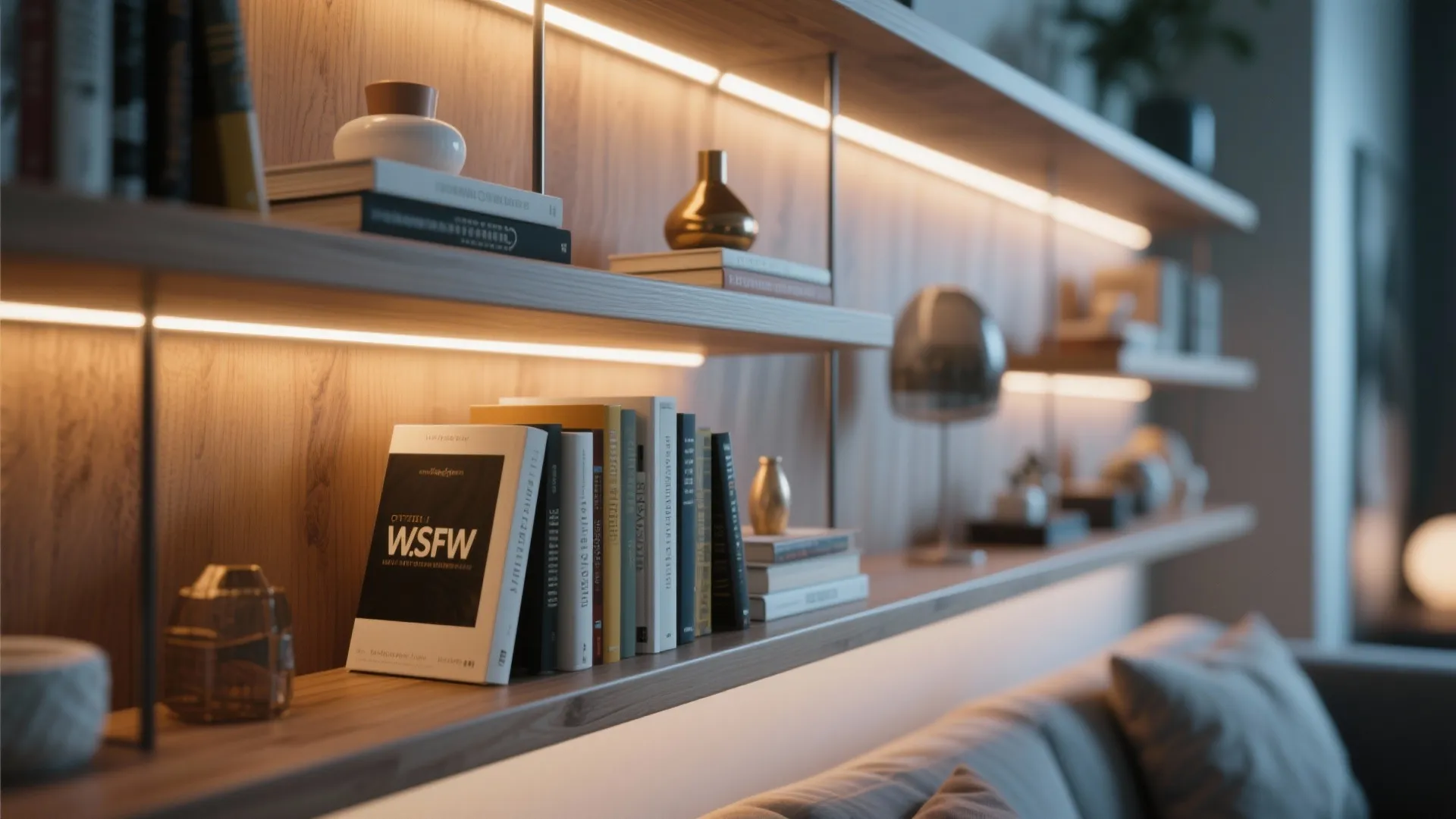 Floating shelves with LED strips highlighting books and decor
