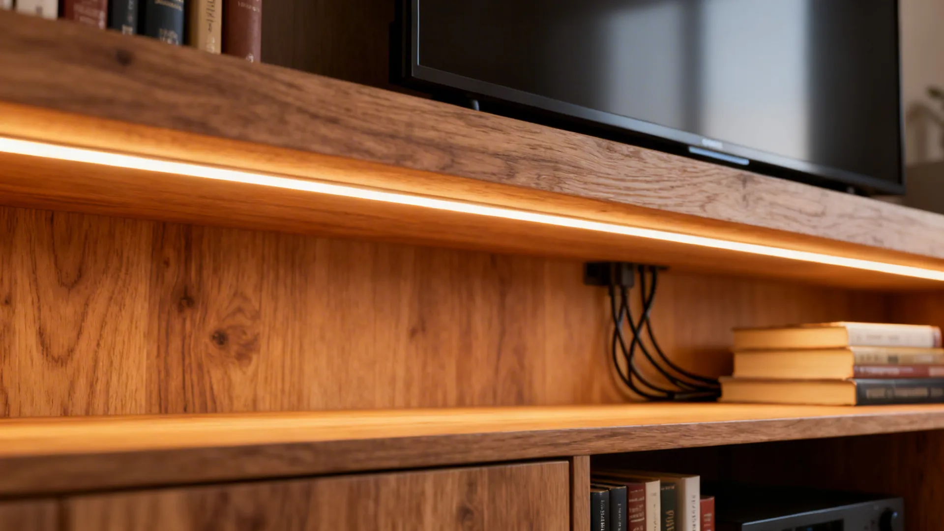 Warm LED strips hidden under a floating shelf and inside a media cabinet creating soft indirect light.