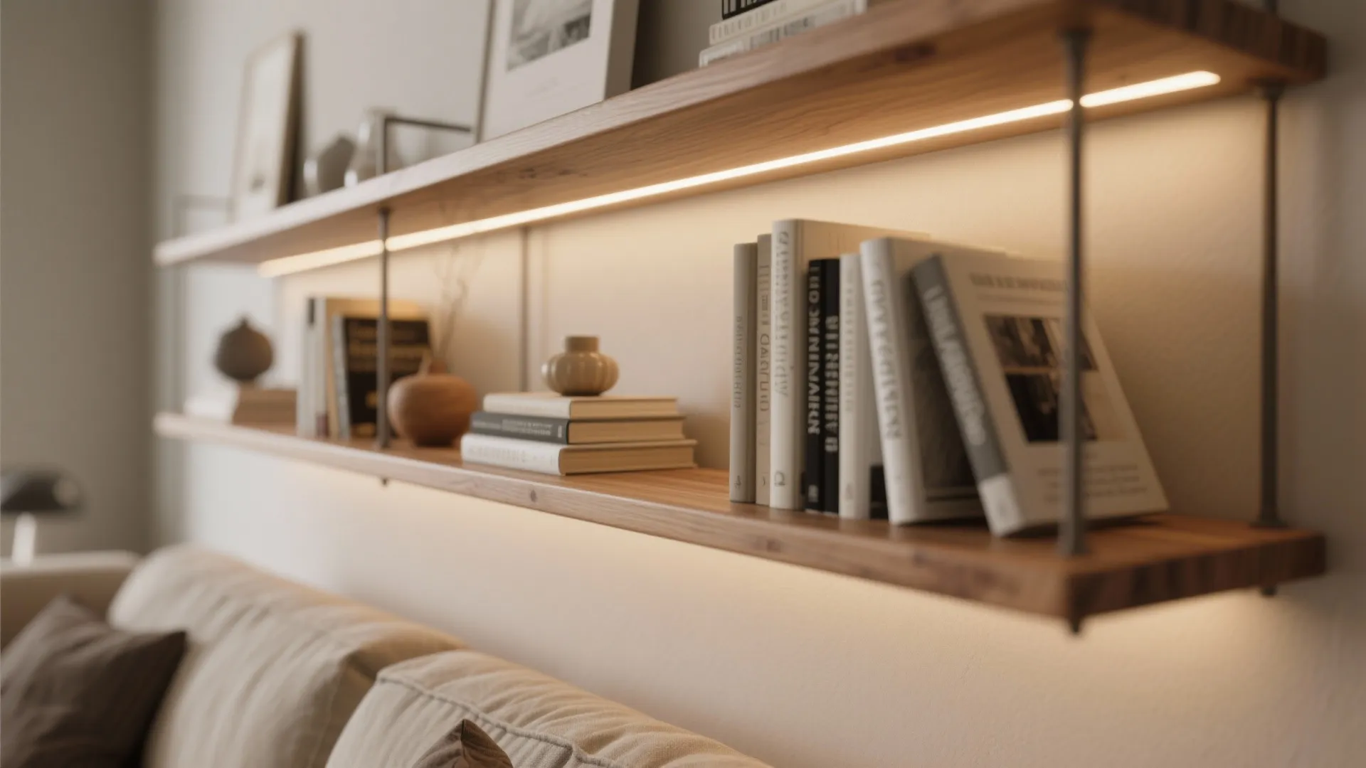 1. LED Strips Under Floating Shelves